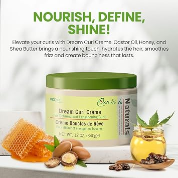Curls & Naturals Dream Curl Cream with Shea Butter, Natural Honey, Castor Oil and Moroccan Argan Oil | Hydrating Cream that Defines and Lengthens Curls | 12 Oz