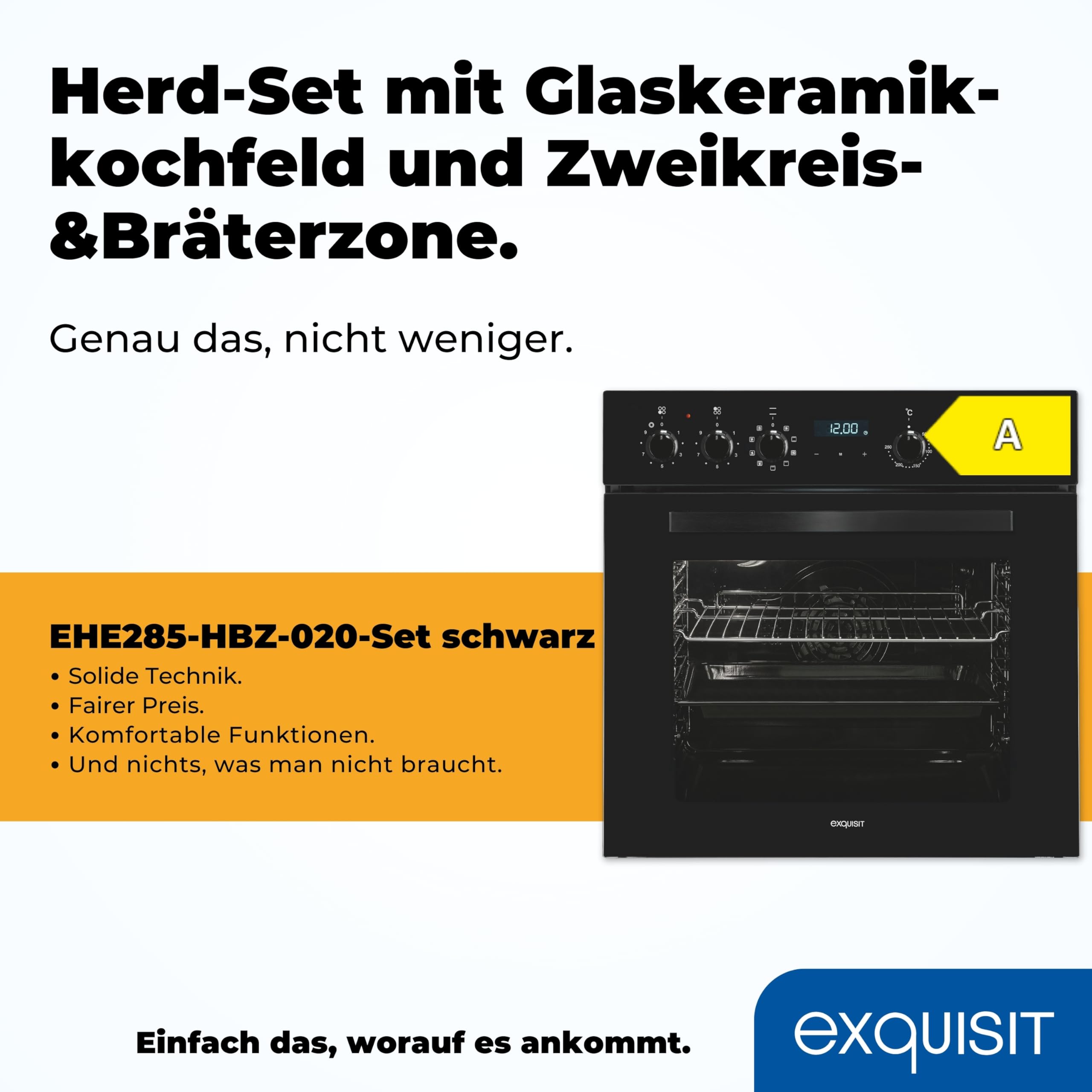 Exquisit Juego de cocina empotrable EHE285-HBZ-020 negro | 75 l de capacidad de cocción | 9 programas de horno | placa de cocción con marco | clase energética A