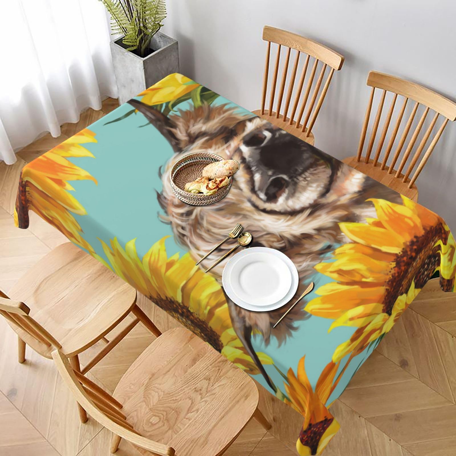BNVSADC Cow with Sunflowers in Blue Printed Rectangle Tablecloth 228x152 CM, Water Resistant Polyester Table Cloth Decorative Fabric Table Covers for Kitchen Dining Table Parties Camping