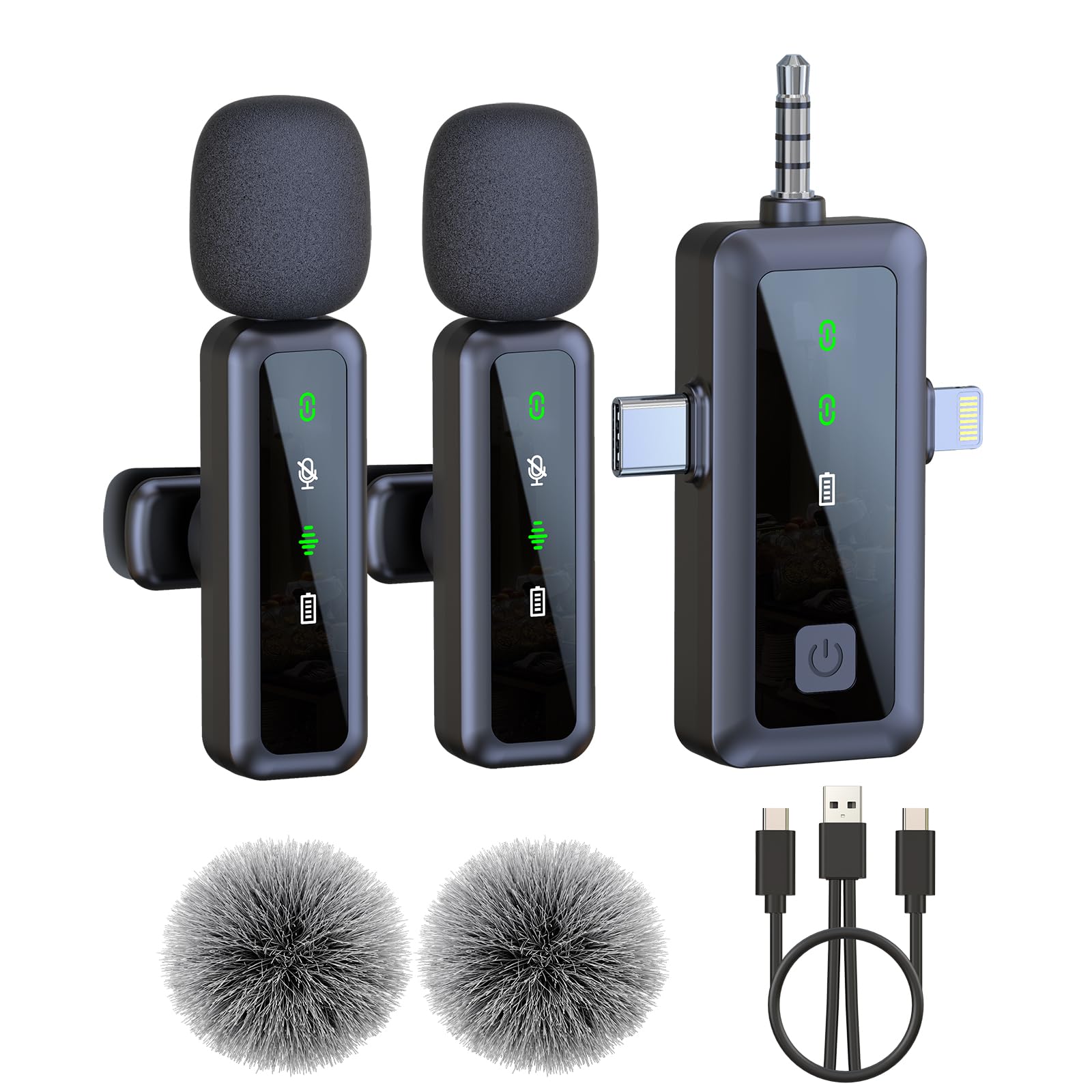 SILVER AUTUMN Wireless Mini Microphone for iPhone - 2 Pack Lavalier Microphone for Video Recording, 3-in-1 Noise Reduction Lapel Mic for Ipad, Android