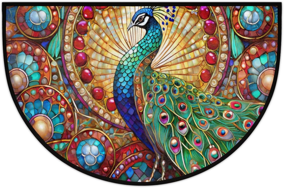 AUUXVA Peacock Half Round Door Mat, Mandala Bird Non-Slip Semi Circle Rubber Welcome Mat for Home Patio Decor Farmhouse Bathroom - Washable, Durable 36x24 Inch