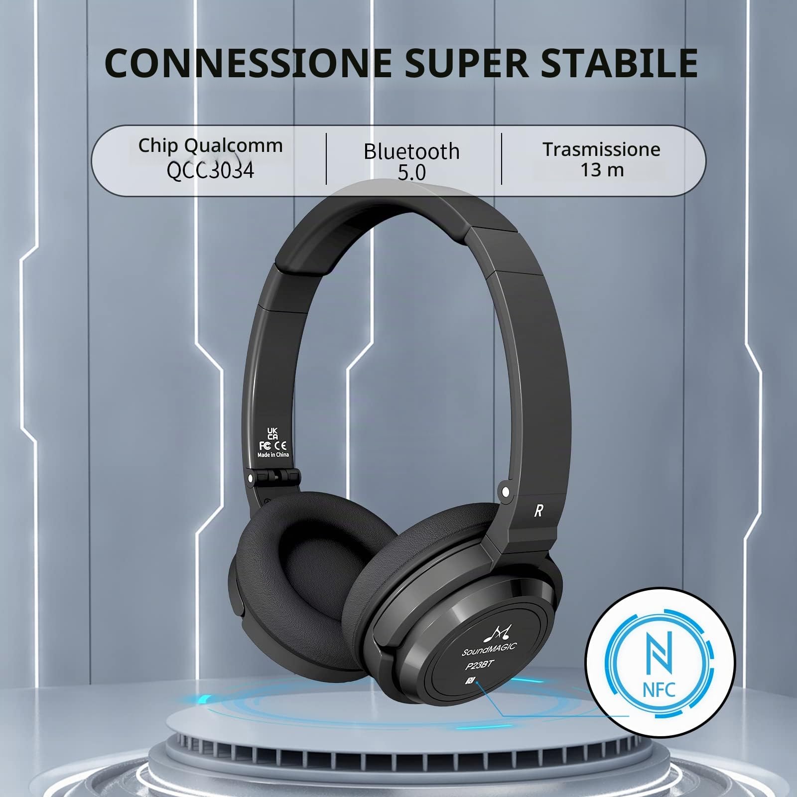 SoundMAGIC P23BT Comode cuffie Bluetooth on-ear, cancellazione del rumore CVC, microfono, suono Hi-Fi, connessione del segnale stabile, lunga durata di riproduzione, cavo rimovibile, per gaming, nere