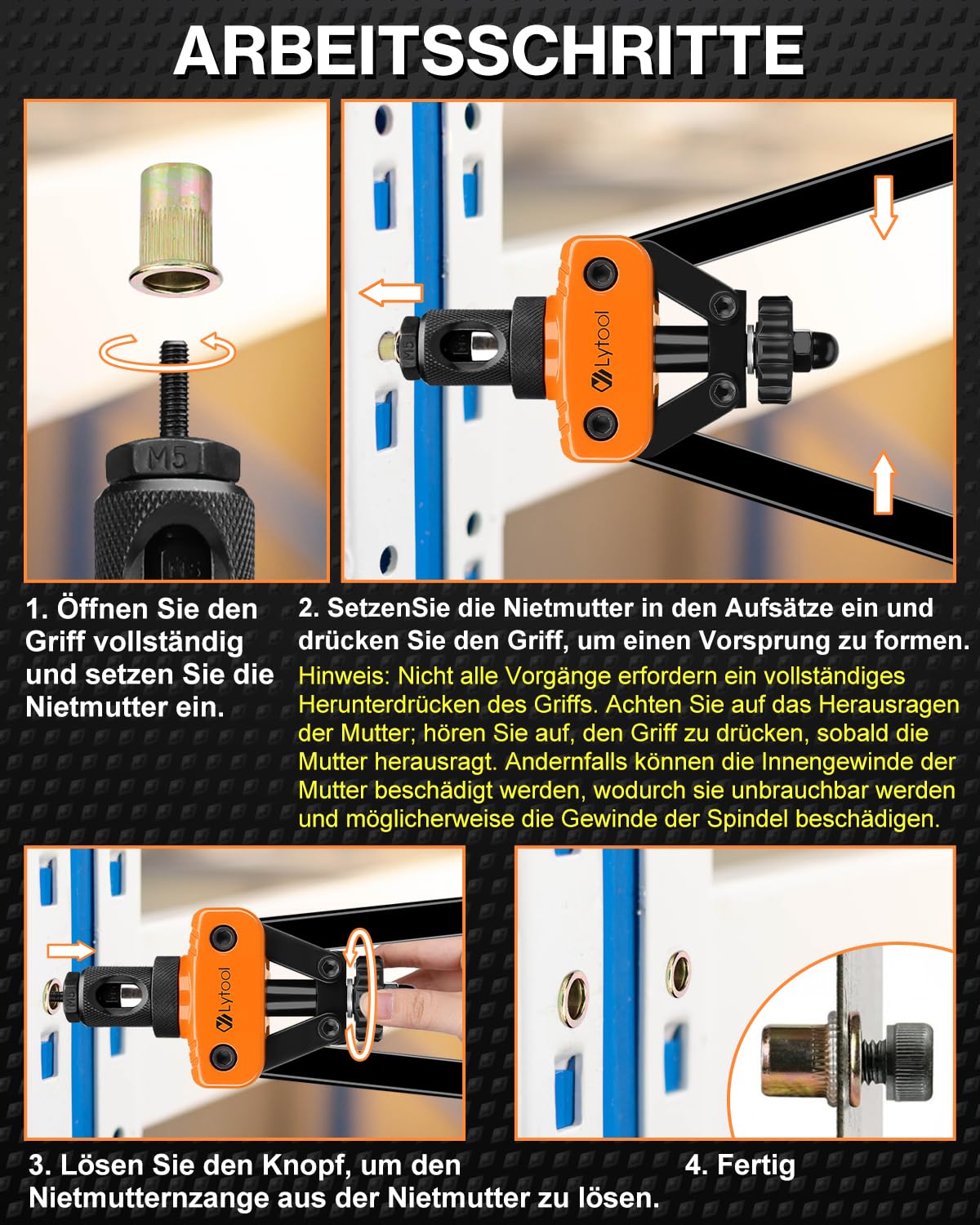 Nietmutternzange Set, Lytool Blindnietmutternzange mit 205 Stk. Nietmuttern in 6 Größe Dorne Nietmaschine Gewinde Nuss Nieten