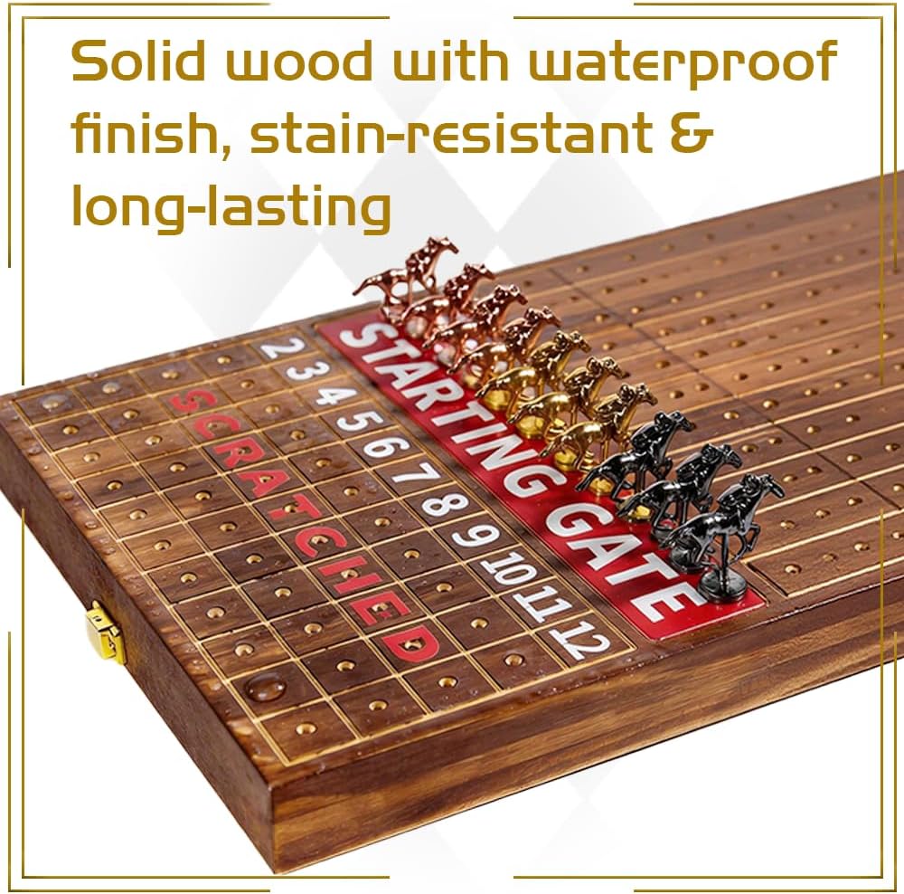 Jyquorp Horse Race Board Game, Solid Wood Foldable Racing Board with 11 Metal Horses, 2 Dice and 2 Boxes of Cards, Portable Travel Game for Family Parties and Holiday Gatherings