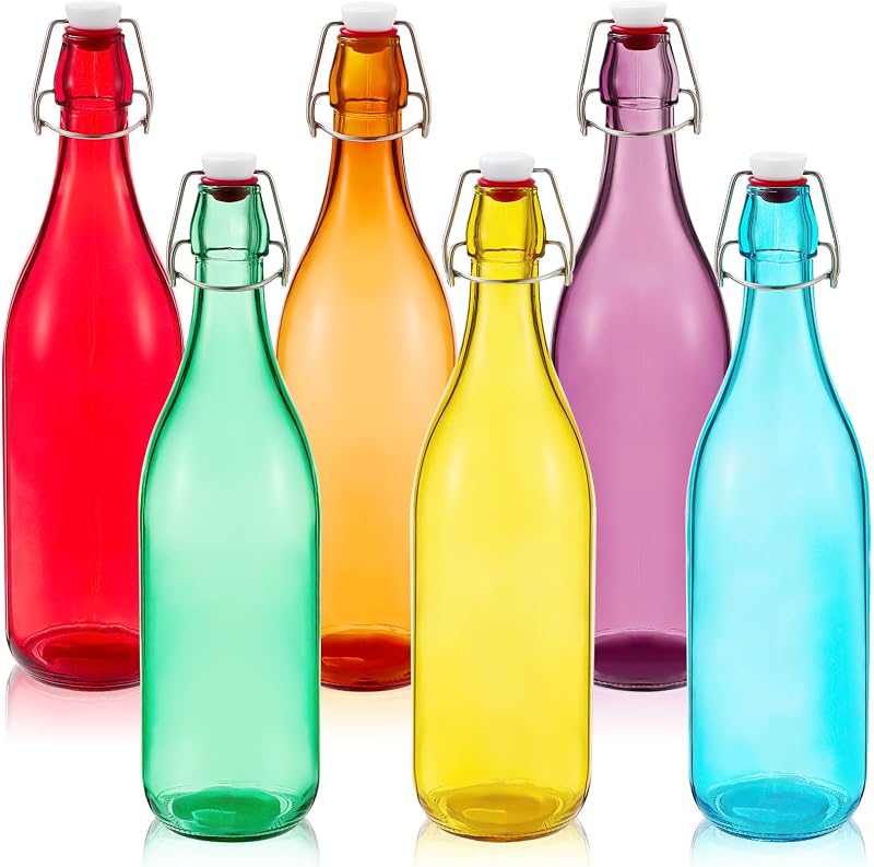 Teenyyou 6 Pcs Assorted Color Glass Bottles 500 ml/ 16.9 oz Decorative Wine Bottles Flip Top Glass Water Bottle with Airtight Lid for Home Decor Garden Tree Yard Outdoor Decorations