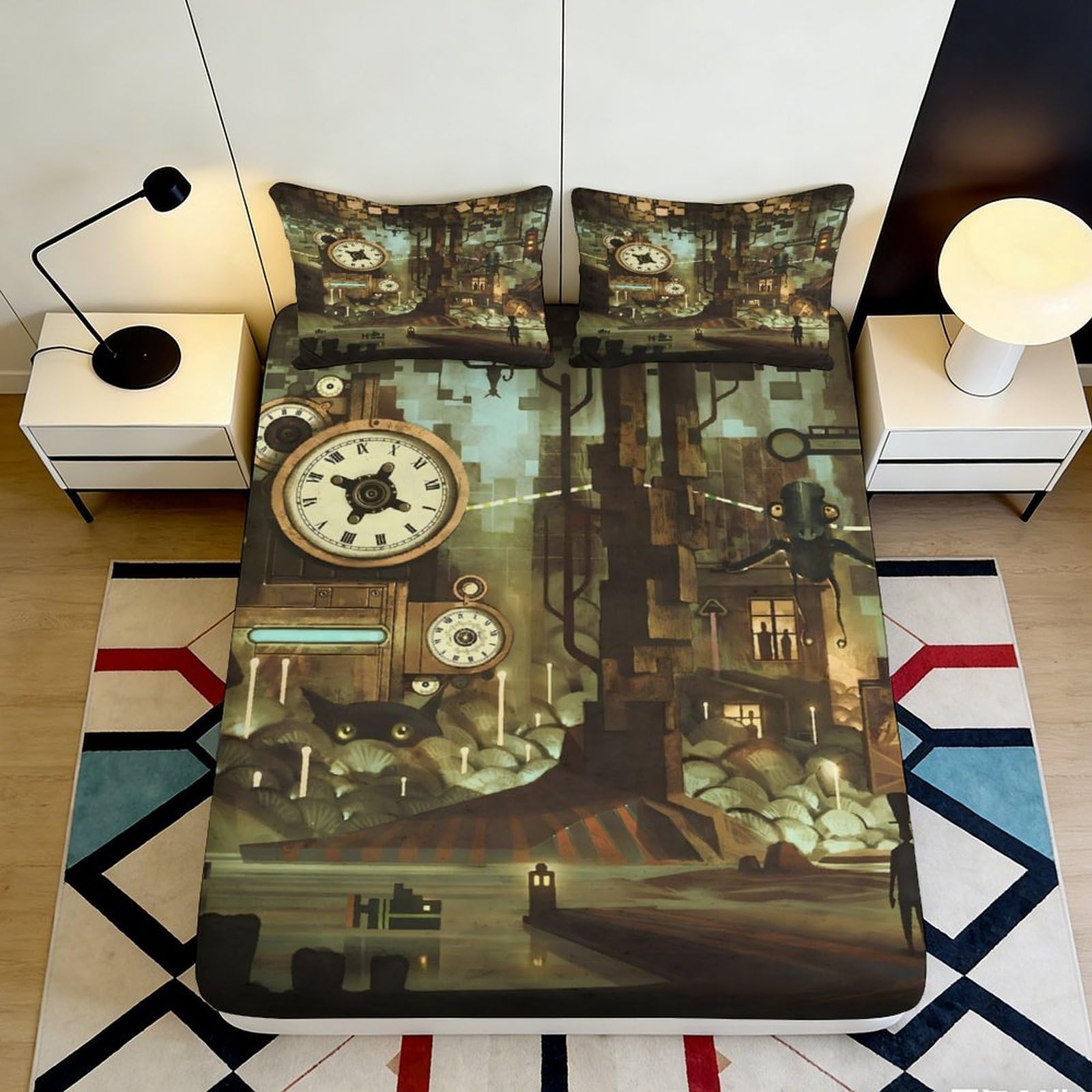 Pnayamiorkfel Style-1 3D Printed Steampunk Clock Fitted Sheet Microfiber Soft Bedroom Decor Art Mattress Cover For Home Dorm 90X200x25cm