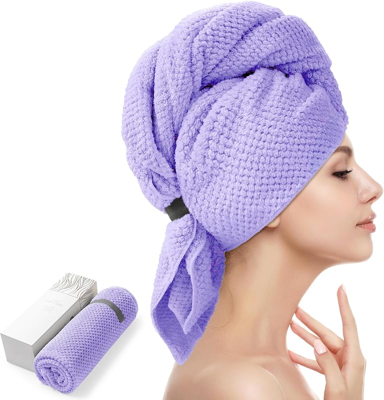 YFONG Toalla de microfibra para el cabello más grande para mujer, 30 x 40 pulgadas, súper absorbente | Secado rápido, turbantes para el cabello, ajuste seguro con banda elástica, envoltura para el cabello para rizado largo y grueso, antiencrespamiento, suave y cómodo, morado