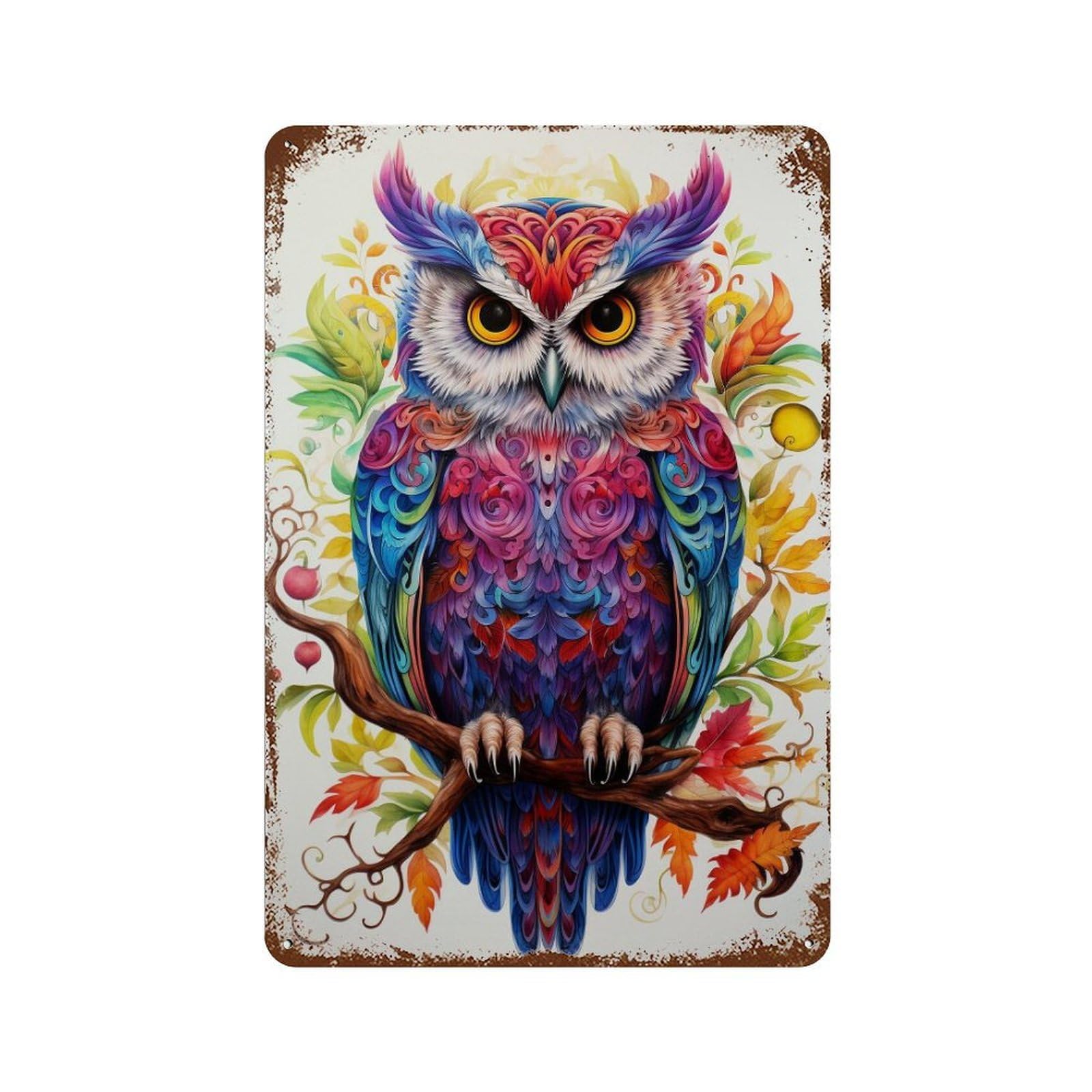 Colorful Fantasy Owl Artwork-5 Rustic Tin Plaque 11.8"x7.9", for Pub, Kitchen And Man Cave Decor, Vintage Wall Decor