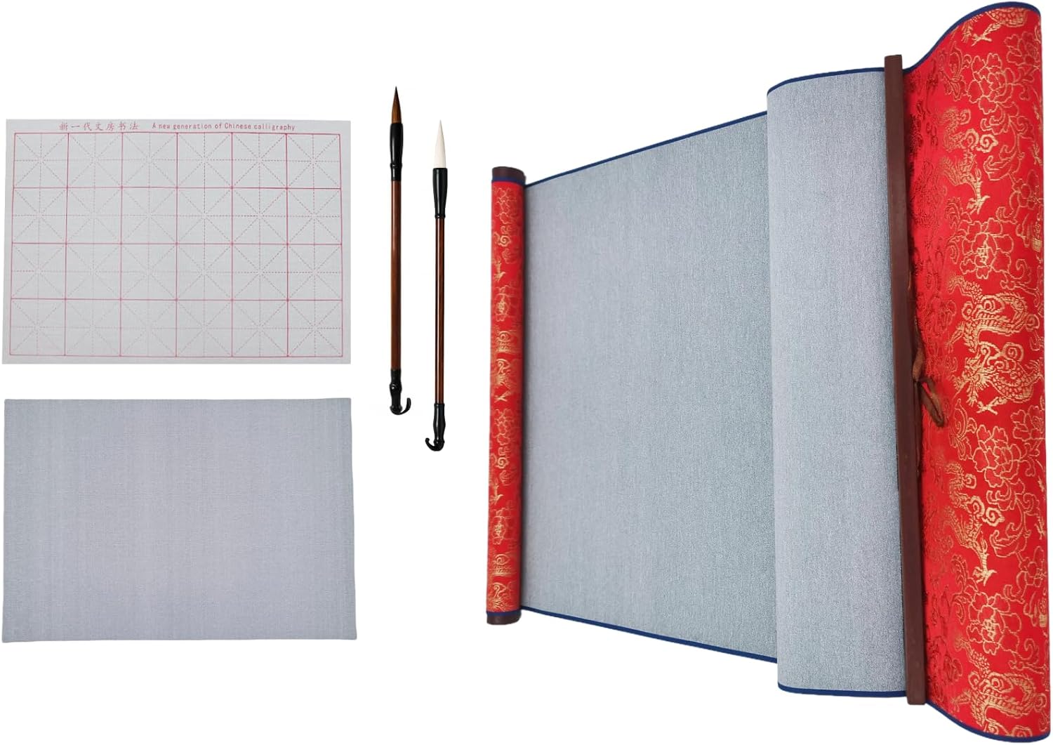 Ellkee 3 Pcs Reusable Chinese Calligraphy Water Writing Cloth, 5 Items Inkless Calligraphy Practice Paper Set with 2 Brushes, Water-Based Writing Cloth for Beginners
