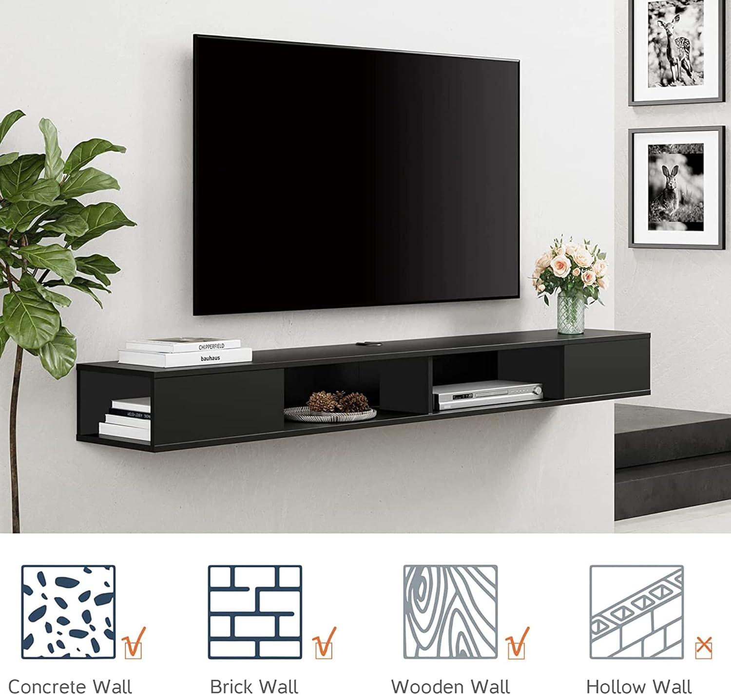 WAMPAT 70 inch Floating TV Shelf with Blue LED Light, Floating TV Stand Wall Mounted with Storage Space for 75 inch TV, Media TV Console for Wall for Living Room Bedroom, Black