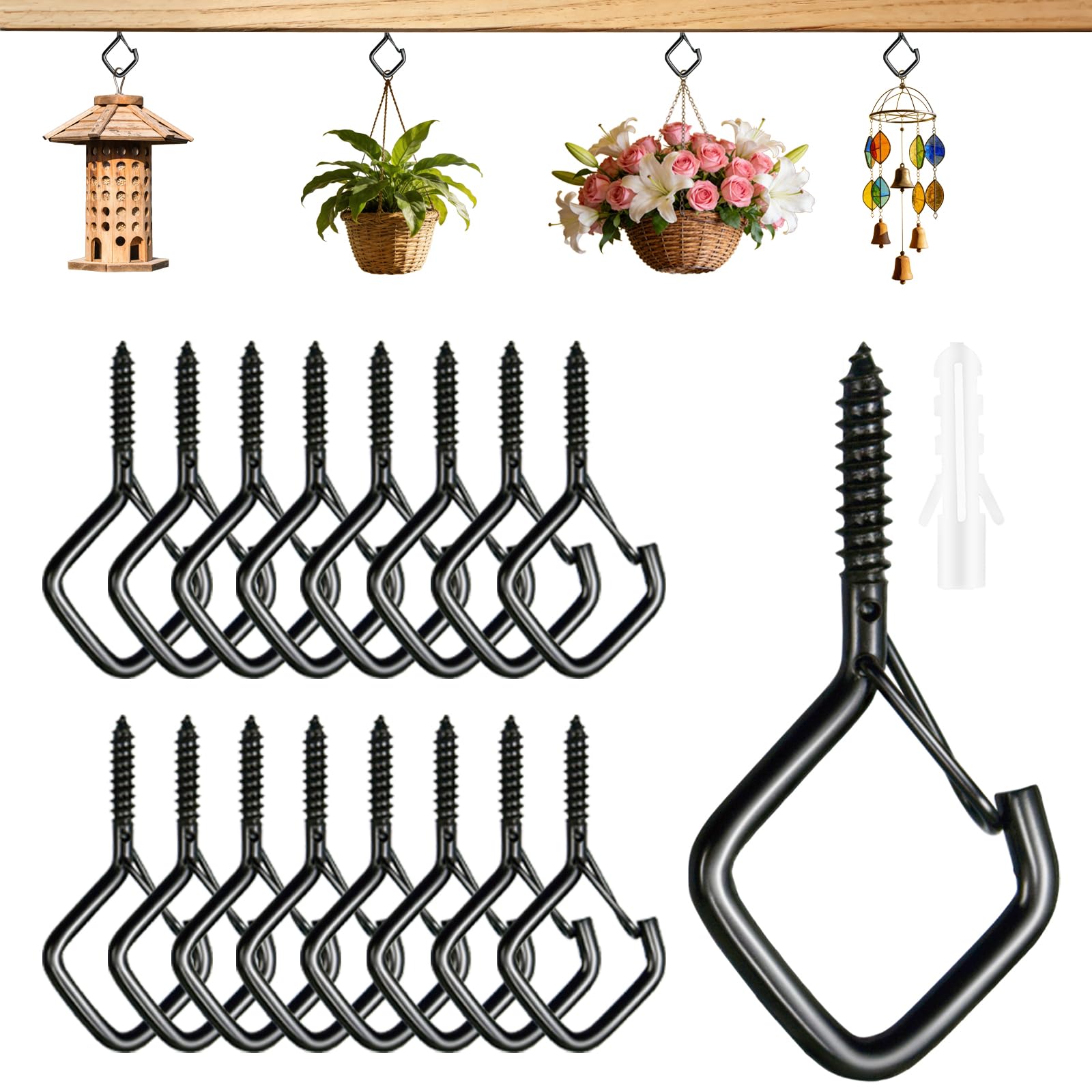 Heavy Duty Screw In Hooks with Safety Buckle, 2.2 IN Black Ceiling Hooks for Hanging Plants & Outdoor String Lights, Windproof Eye Hooks for Christmas Lights, Cups, Bird Feeders (Black, 17Pcs)