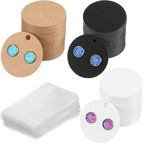 Juego de 600 tarjetas de exhibición de aretes, 300 tarjetas redondas de cartón para aretes con 300 bolsas autosellantes, 3 colores en blanco de