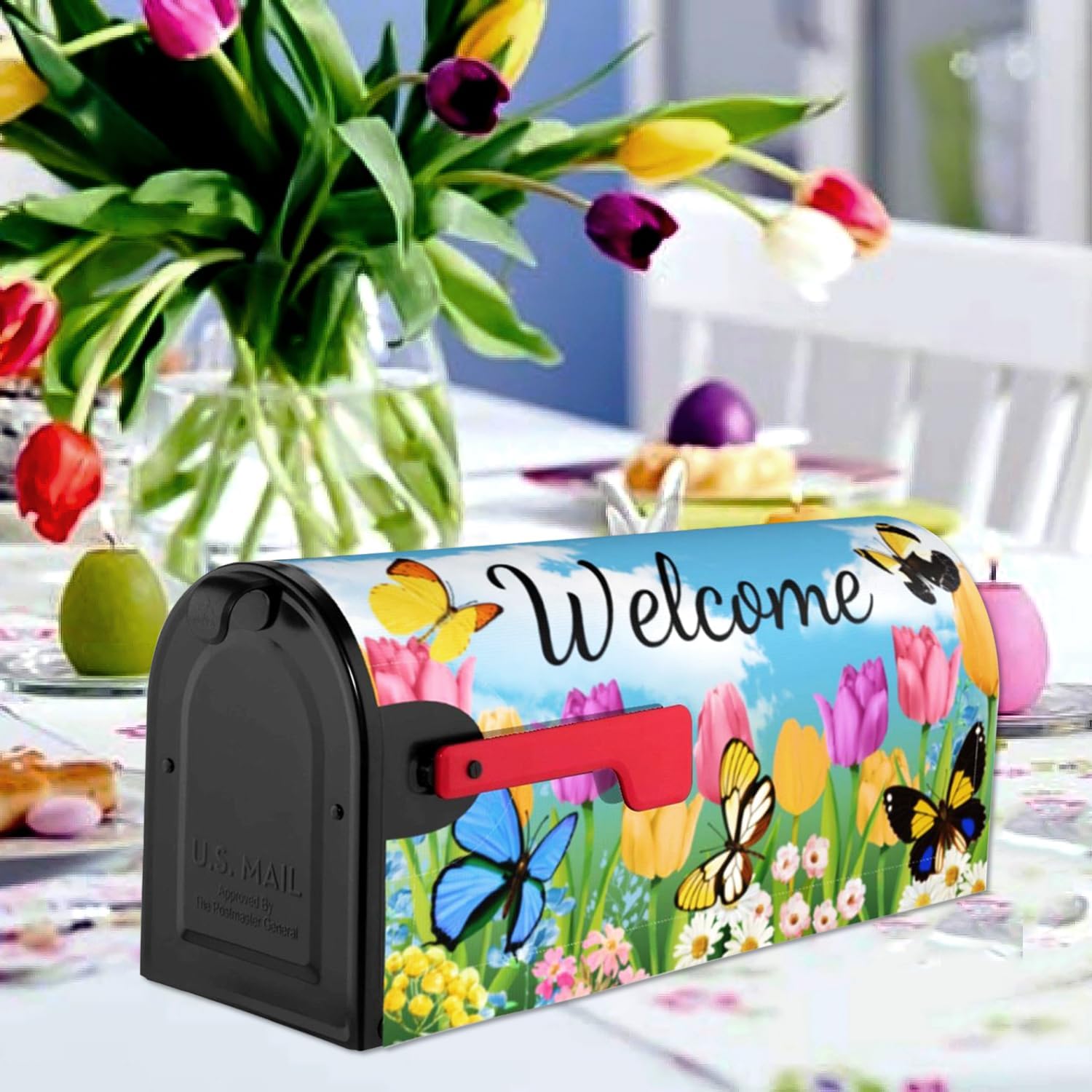 Summer Spring Flowers Mailbox Cover Magnetic Welcome Tulip Butterflies Mailbox Wraps Post Letter Box Cover for Garden Yard Home Decor Standard Size 21" x 18"