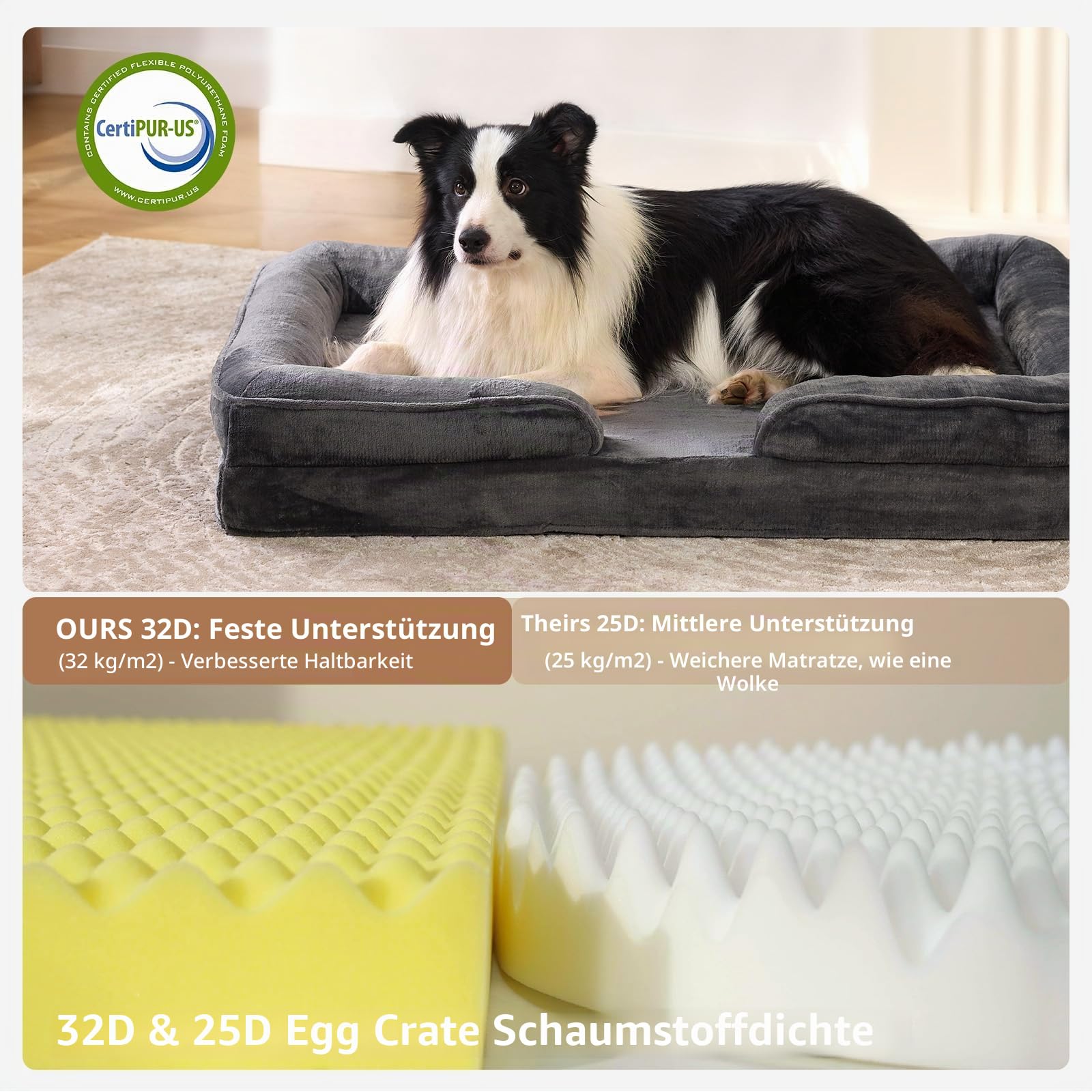 Orthopädisches Hundebett Grosse Hunde: Abnehmbares & waschbares Hundesofa – Abnehmbarer Flanellbezug – Wasserdichtes Innenfutter – rutschfeste Unterseite Hellgrau (97 x 70 x 18 cm)