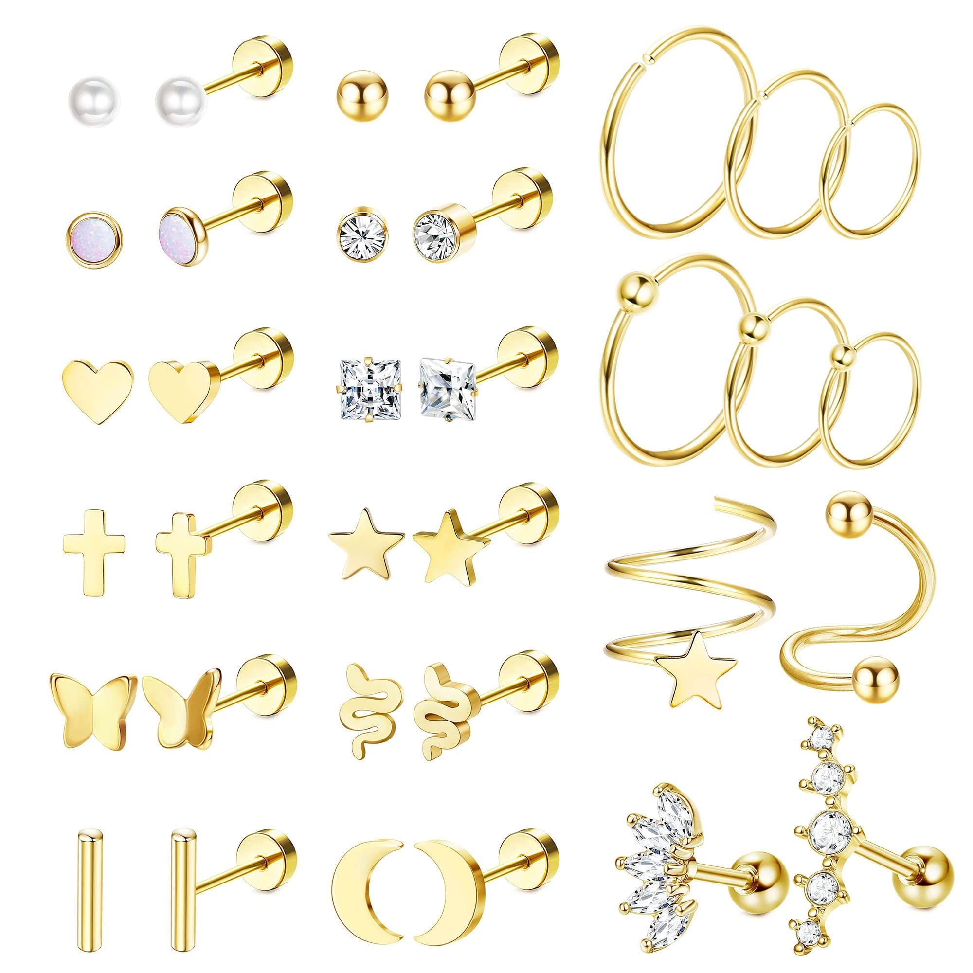 JeryWe20G/16G Tiny Stud and Hoop Earrings Set for Women Men Surgical Steel Screw Flat Back Stud Earrings for Cartilage Helix Tragus Daith Piercing Jewelry 34pcs