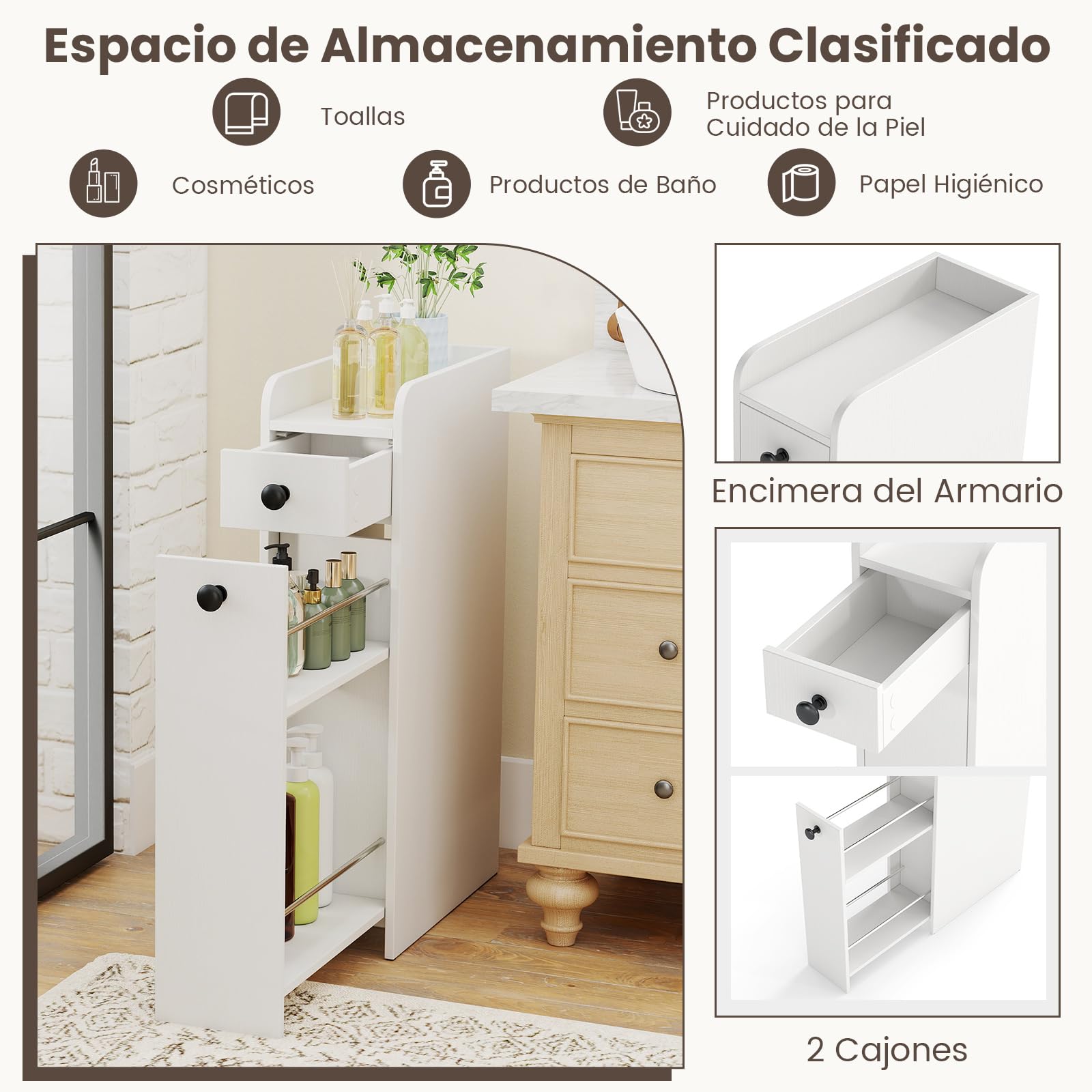 COSTWAY Armario de Baño Estrecho de 4 Niveles, Mueble Auxiliar de Baño Estrecho con Cajones, Encimera con Bordes Elevados, Ruedas y Pomos, Gabinete de Almacenamiento para Baño Cocina Salón (Blanco)