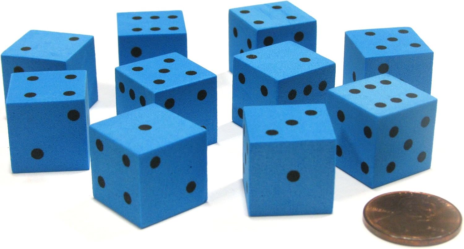 Set of 10 D6 16mm Foam Dice with Square Corners - Blue with Black Spots by Koplow Games
