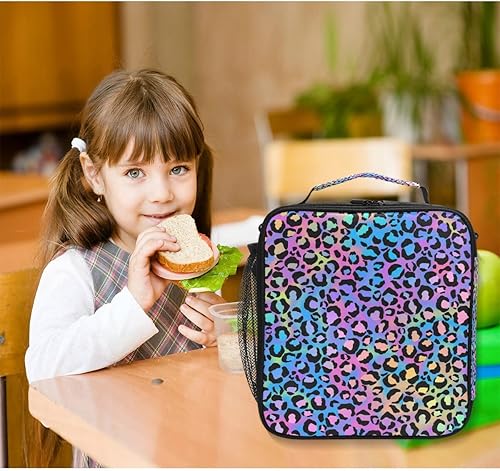 Miniatura 6 de MNSRUU Bolsas de almuerzo para niños y niñas, estudiantes, diseño de leopardo arcoíris, reutilizable, aislada, bolsa de almuerzo organizadora, kit