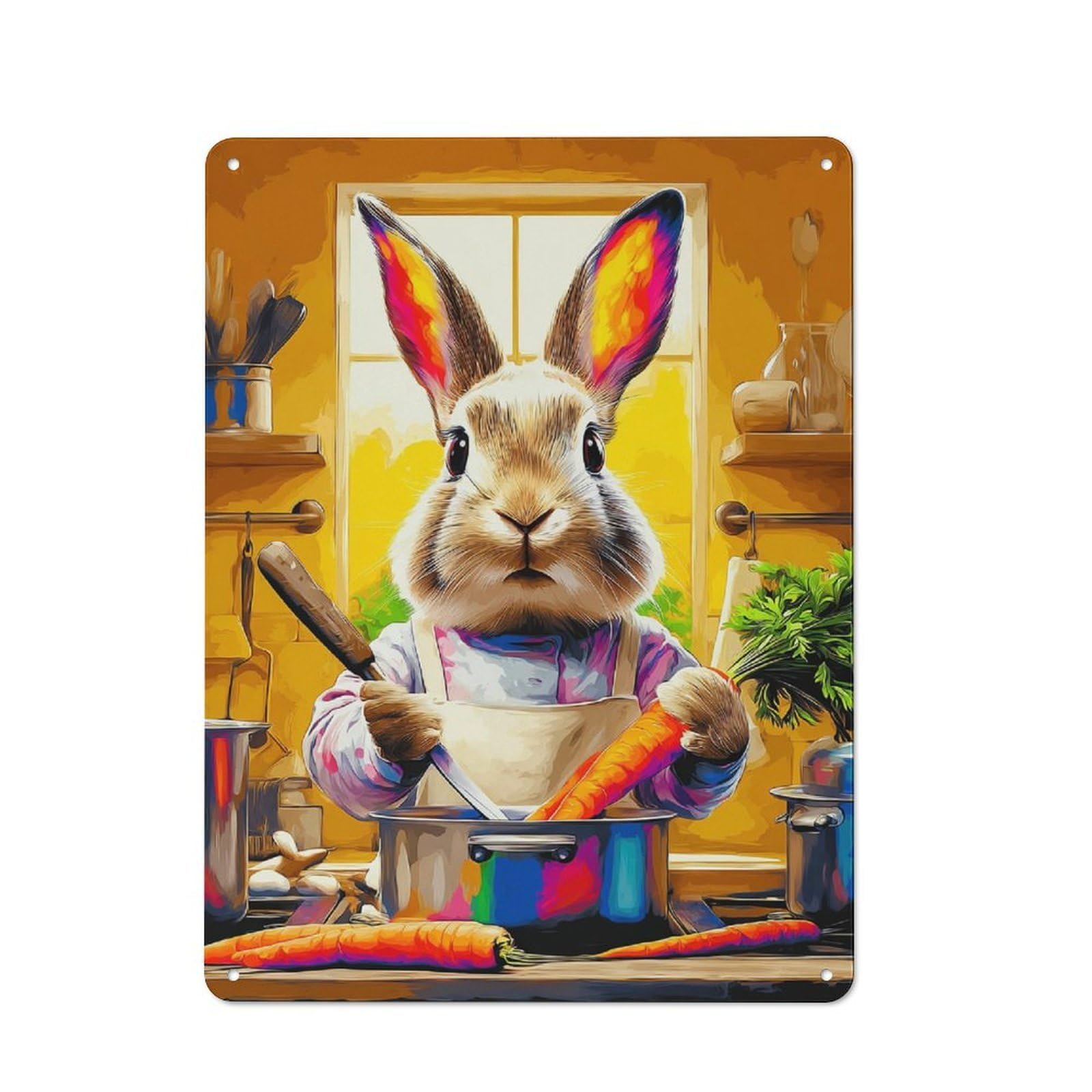 Junmoney Bunny Chef Cooking Carrots Printed Metal Sign 40X30cm For Home Office Or Studio, For Winter Room Styling In Home Office And Studio