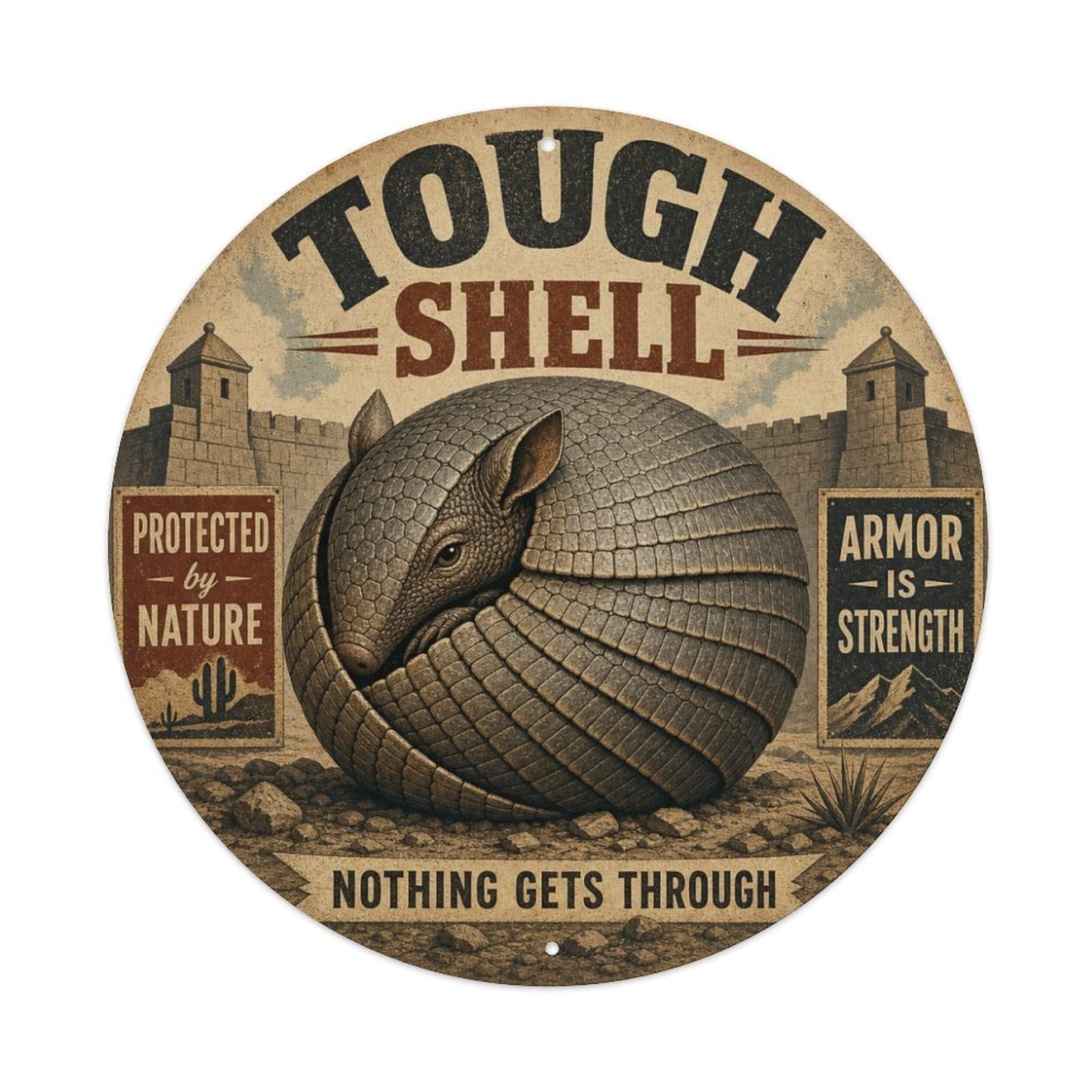 Armadillo Meme Humor Quirky Animal Sticker Style Rustic Metal Tin Sign Plaque Wall Decor for Cafe, Man Cave, Club Bar, Office, Home Garden Round Metal Poster 8x8Inch