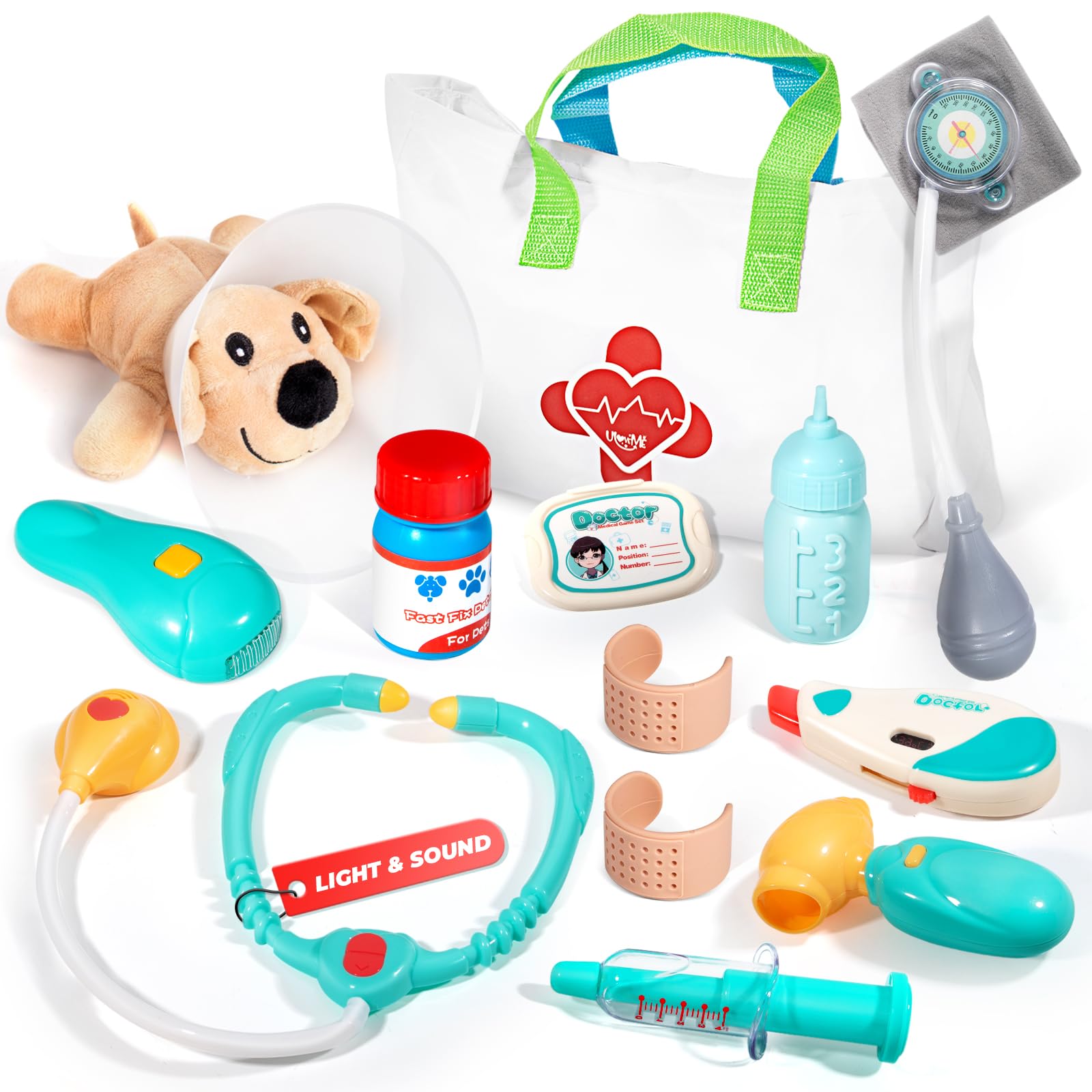 Veterinarian Kit for Kids, Pretend Play Doctor Set with Dog Toy, Tote Bag, Stethoscope Toy, Pet Vet Playset for Kids Ages 3+