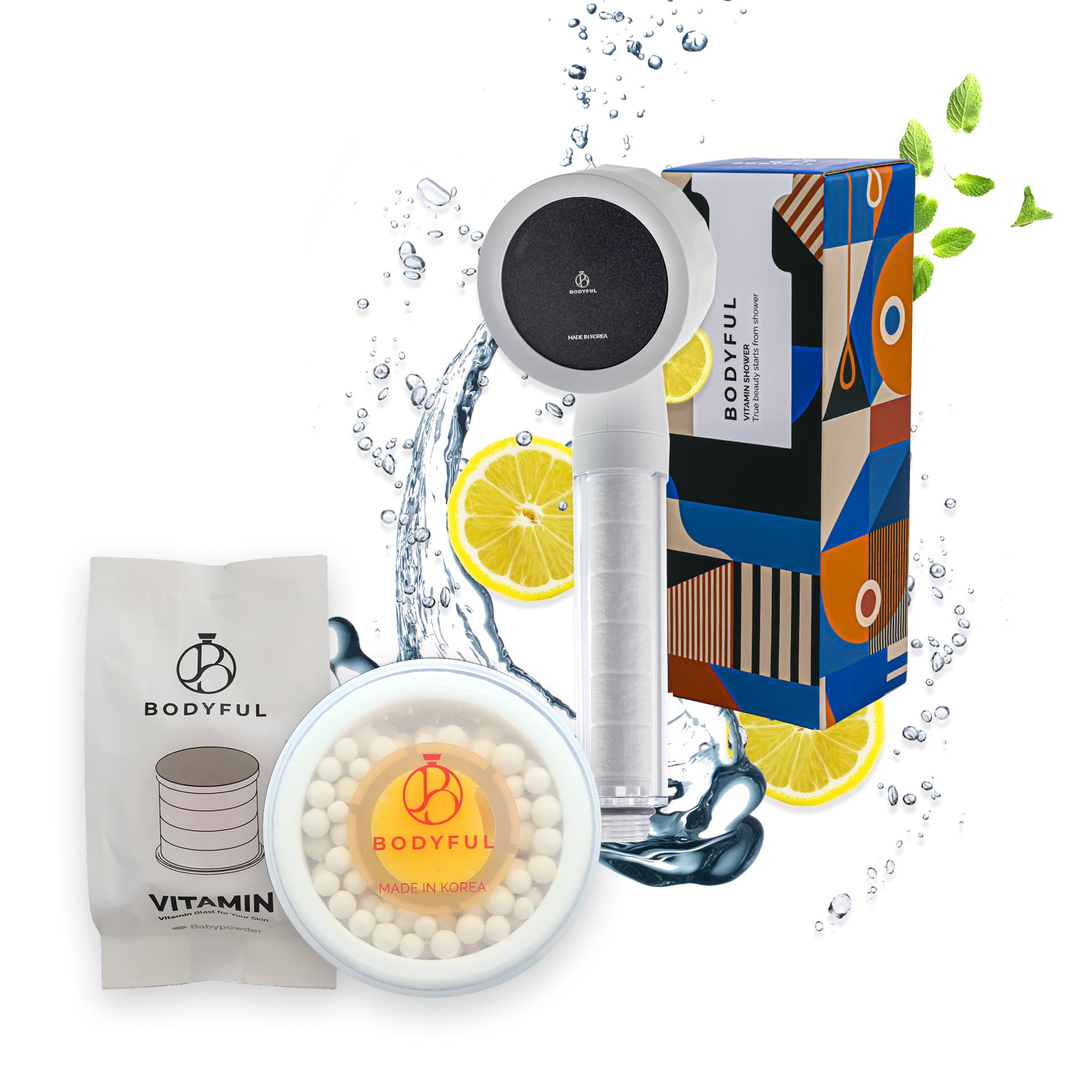 BodyfulPremium Vitamin C Shower Filter Package with Refill, Soften Hard Water, Remove Chlorine, Improve Skin & Hair Health, Vitamin Ionic Handheld Shower (Package (Baby Powder))