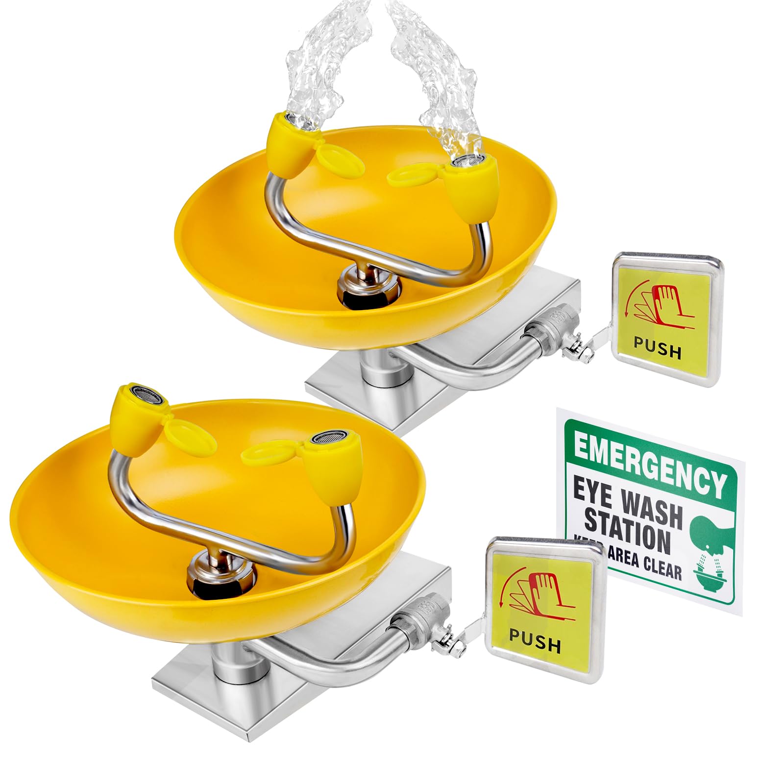 2 PCS 304 Stainless Steel Eye Wash Station, Wall-Mounted Emergency Eye Washer- Multifunctional Nozzle, OSHA Approved, Eye Irrigation Sign & Enlarged Basin Yellow