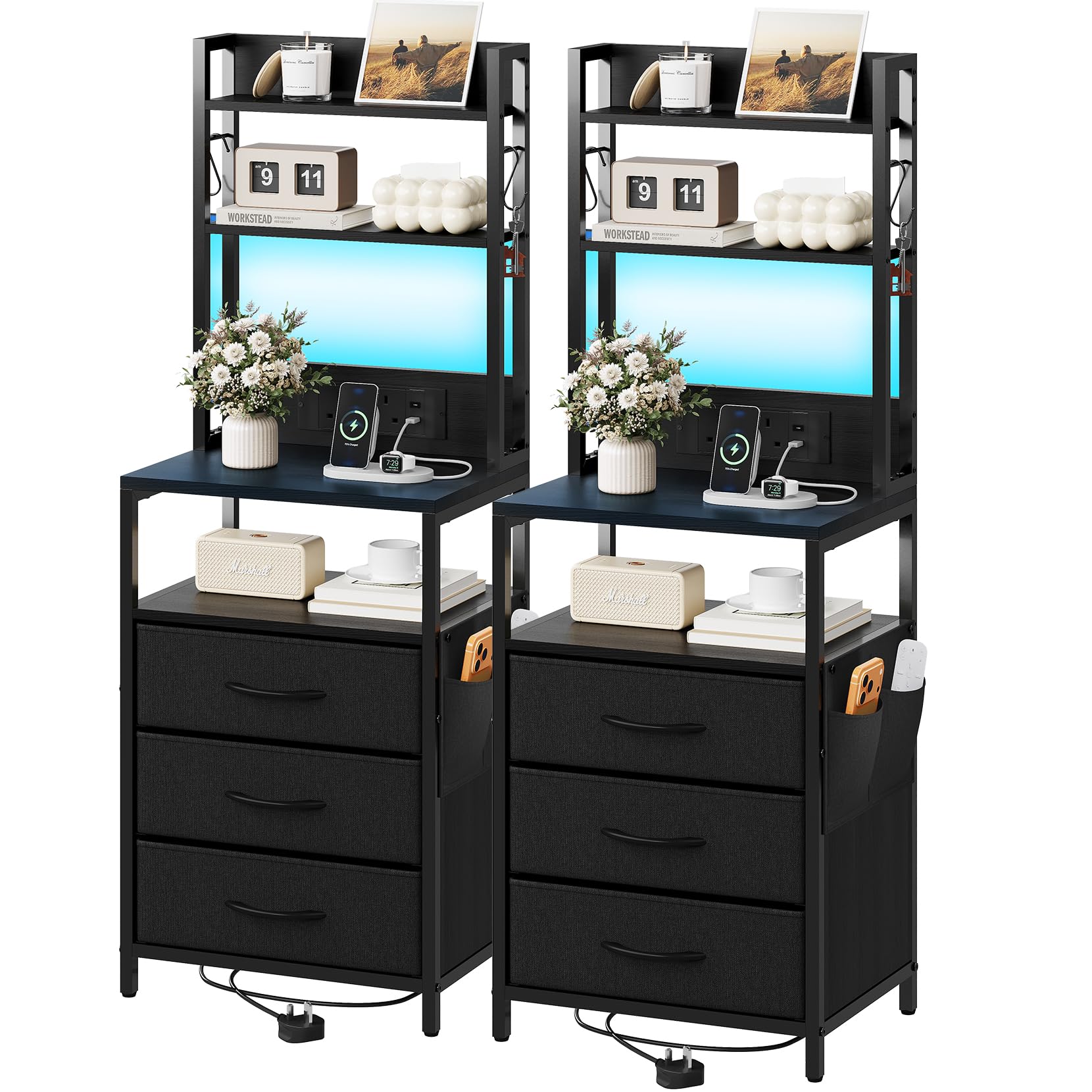 Dripex LED Bedside Table Set of 2 with Charging Station, Nightstand, Black
