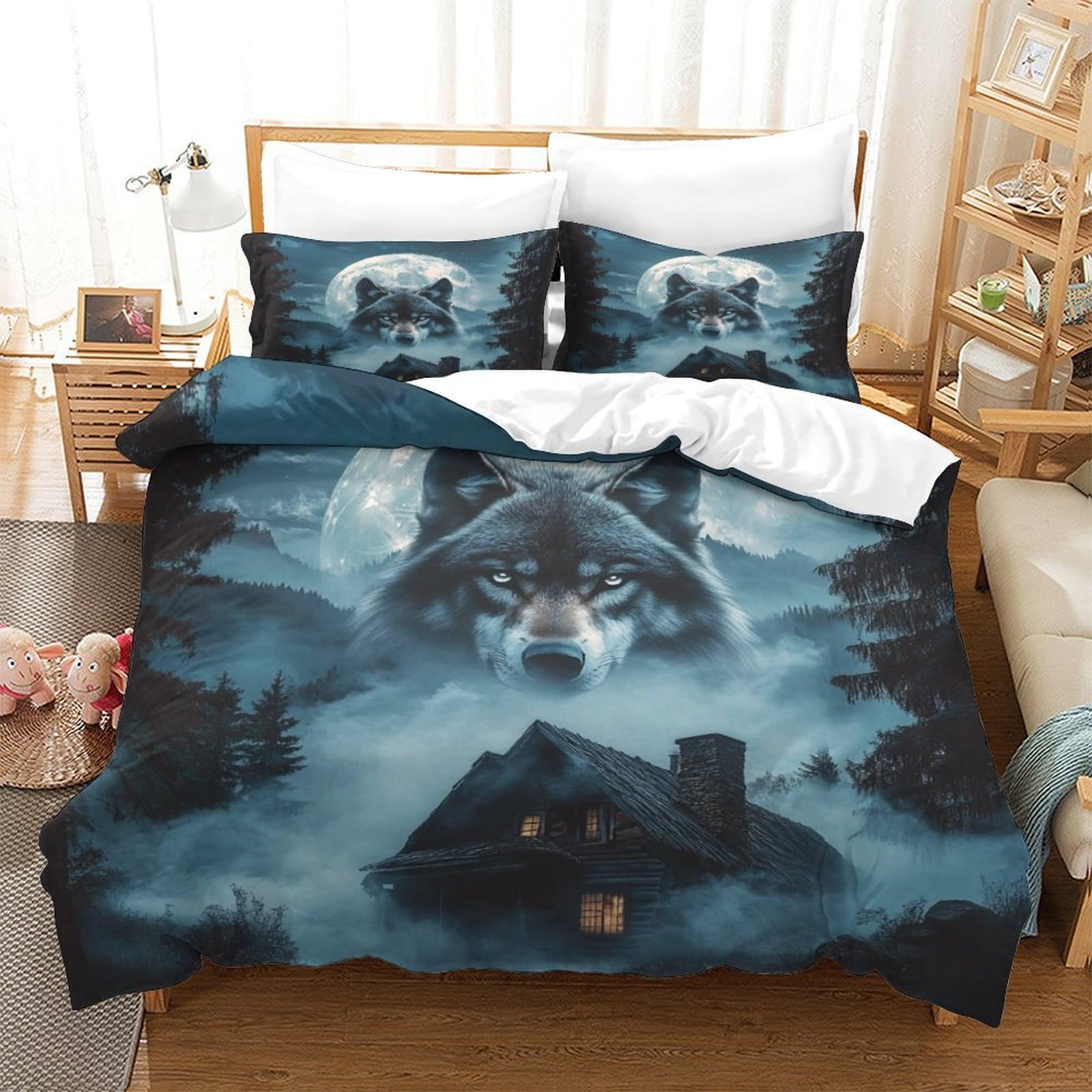 LILIlaobiao Alpha Pair Bedding Set With Hidden Zipper, Double（200x200cm） Full Moon Wolf Duvet Cover Set with Pillowcases, Full Moon Wolf Pattern Quilt Cover Set Soft Microfiber