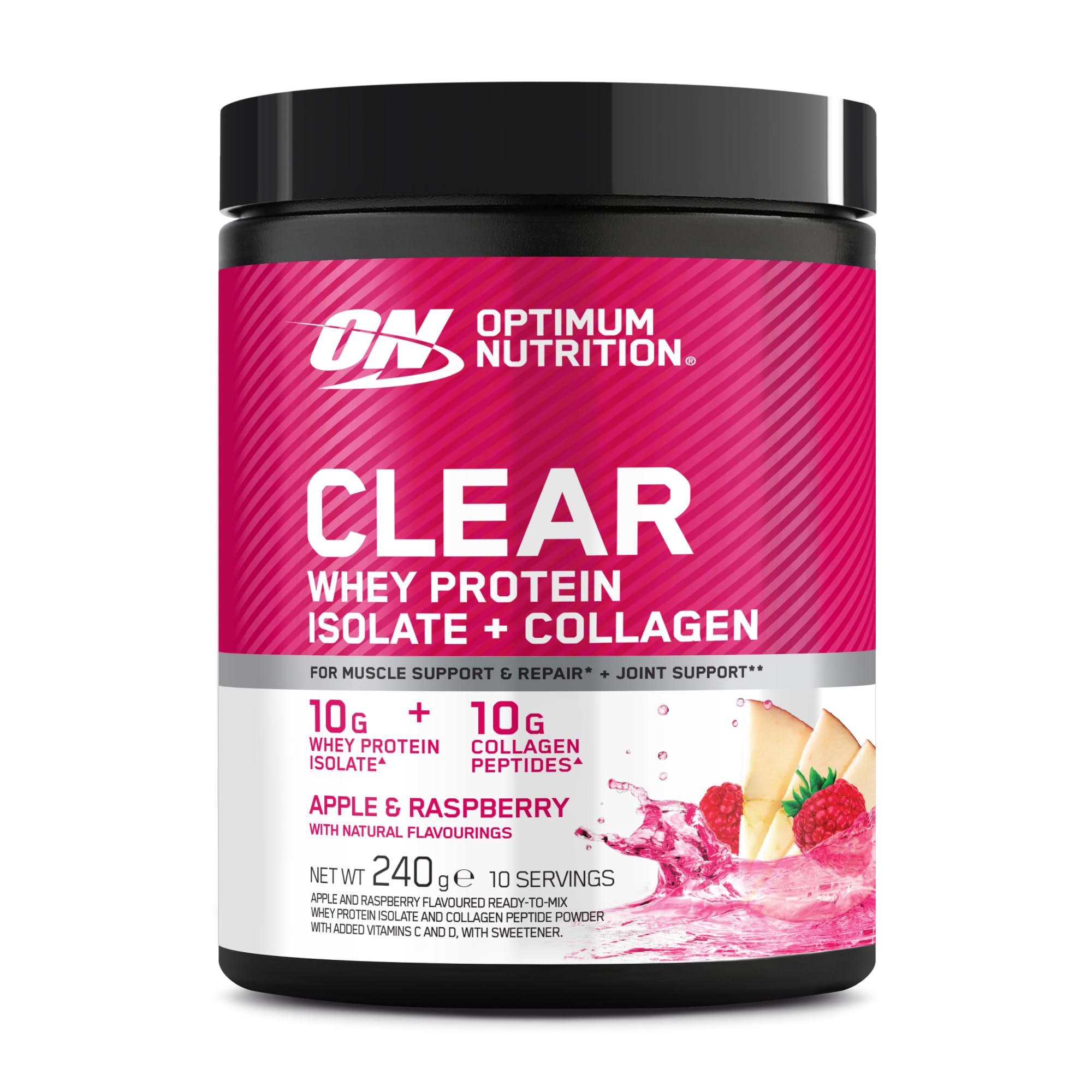 Optimum Nutrition Clear Whey + Collagène, Pomme & Framboise, 10 g Whey Isolate et 10 g Peptides de Collagène par Portion, Boisson Protéinée Claire pour les Articulations, 240 g, 10 Portions*