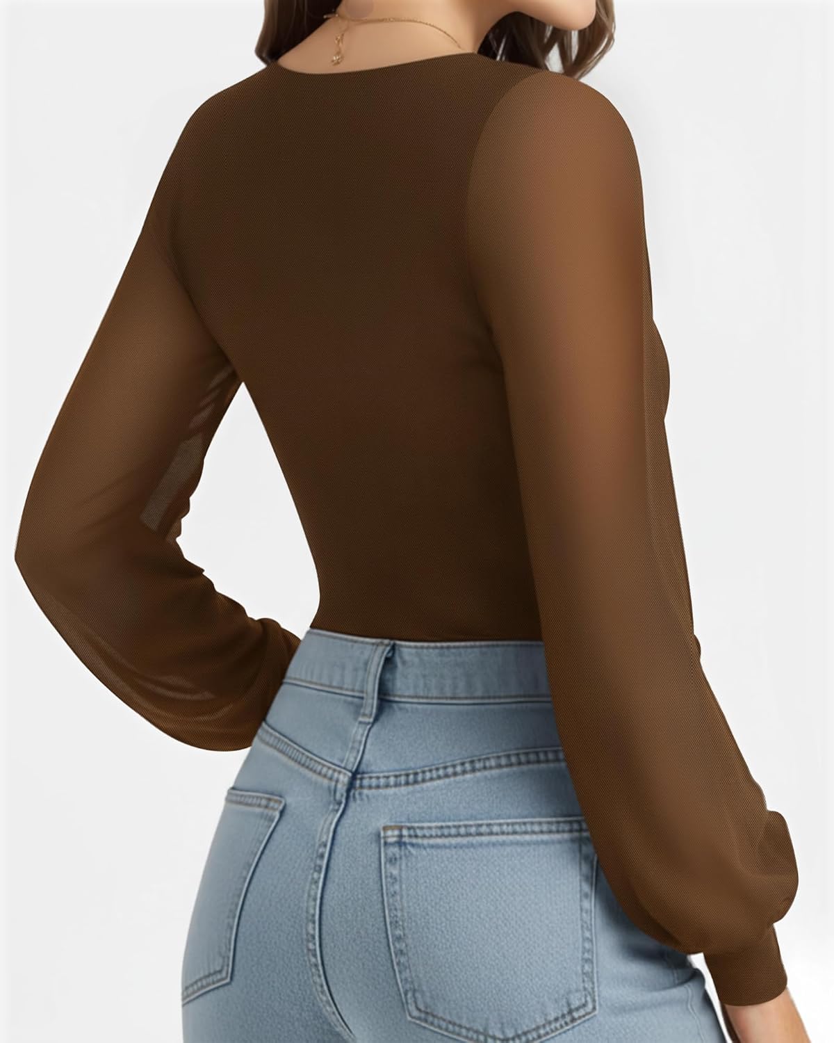 MANGOPOP Women’s Sheer Mesh Puff Long Sleeve Bodysuit Double Lined Crew Neck Thong Body Suits Trendy Fall Tops 2025 - Image 3