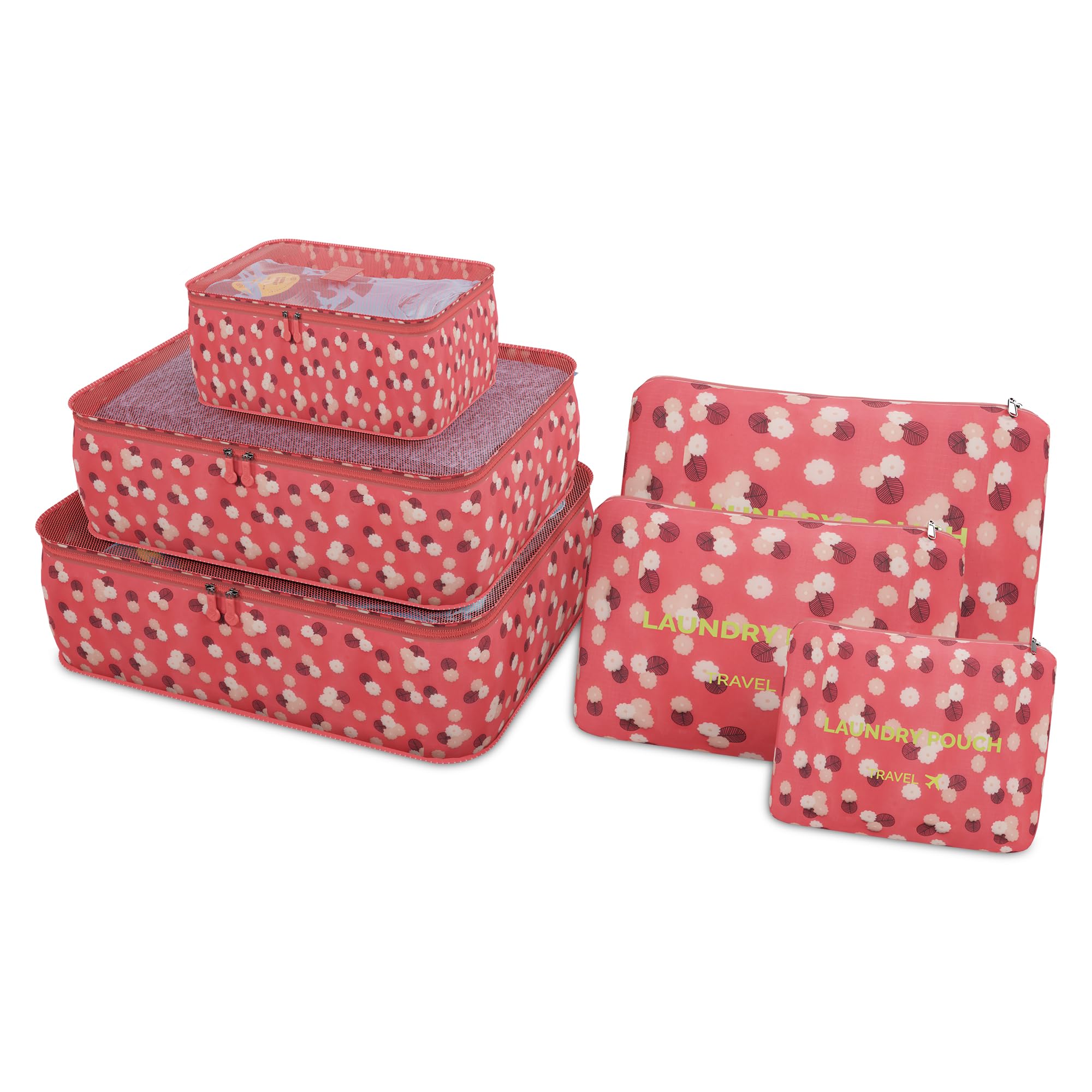 Kuber Industries Pack of 6 Foldable Travel Pouches for Women & Men with Zip | Multi-Size Luggage Organiser Bag for Travel | Packing Cube for Clothes/Shoes/Toiletries | YJ-35-RD | Floral - Red-picture-14
