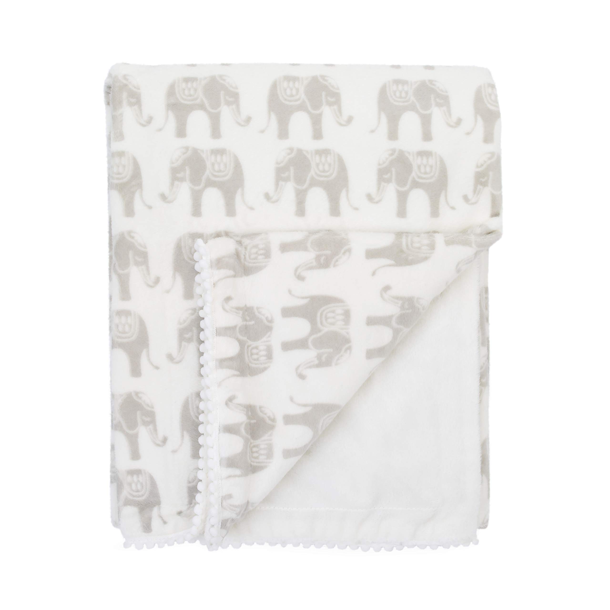 NoJoSerendipity - Ivory Elephant Print Plush Baby Blanket