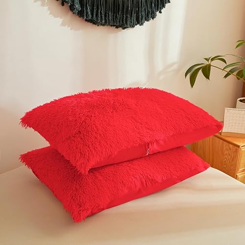 Miniatura 3 de Almohada roja esponjosa, fundas de almohada decorativas suaves de piel sintética roja, fundas de almohada rojas mullidas para dormitorio, fundas de