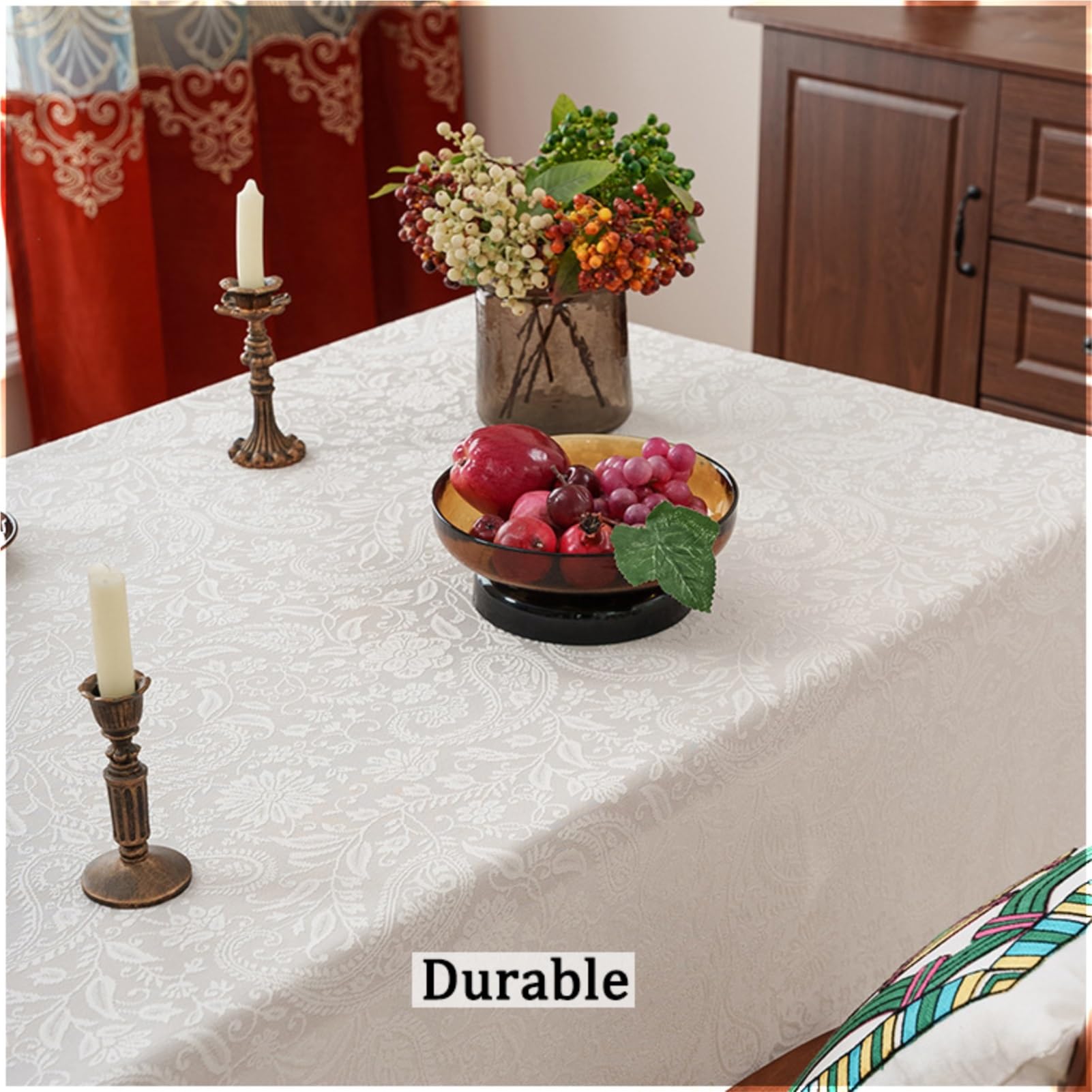 Tovaglia Elegante Rettangolare in Poliestere per Cucina o Sala da Pranzo, Ricamo con Frange, Floreale Vintage, Lavabile e Facile da Pulire | Antiscivolo Giardino(Beige D,150 x 260 cm)