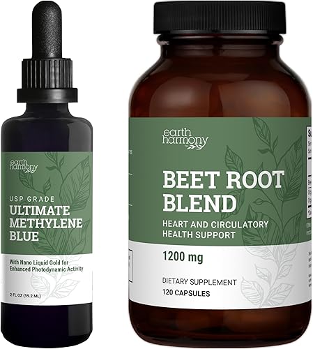 Earth Harmony Methylene Blue 99.99% y extracto de polvo de raíz de remolacha, 2 onzas líquidas y 120 cápsulas