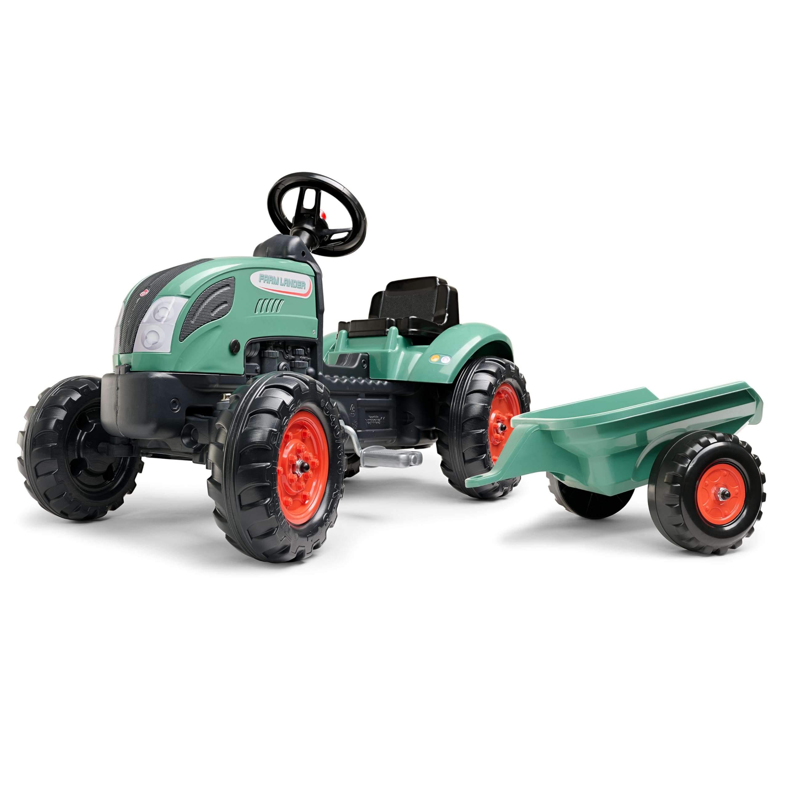 FALK - Trattore a pedali Farm Lander con rimorchio - Da 2 Anni - 50% plastica riciclata - Made in France - Volante con clacson - 2054L, verde scuro