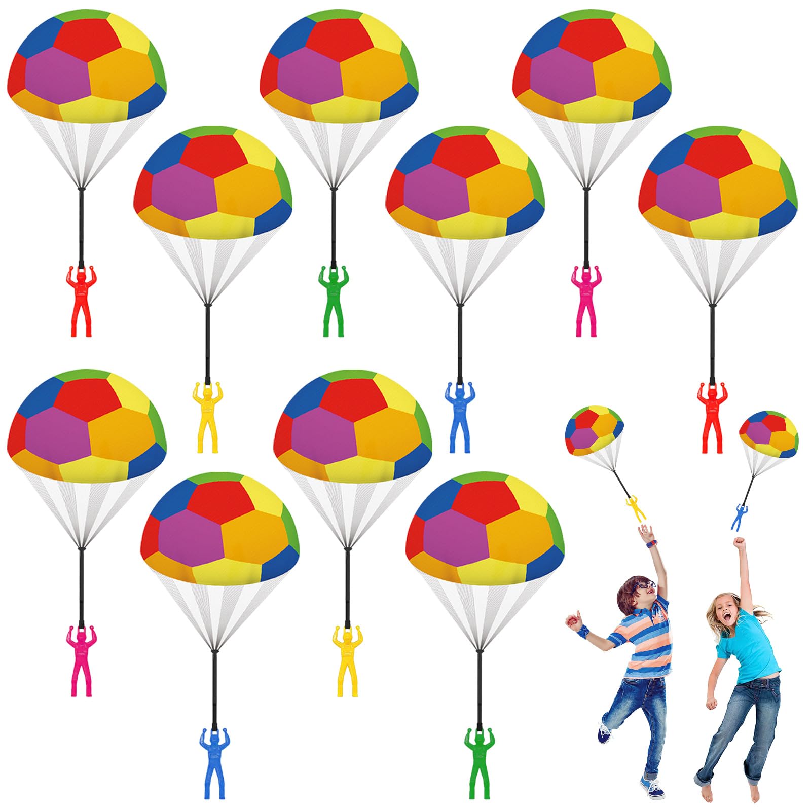Lot de 10 jouets parachutistes colorés pour enfants - Jouet de football coloré - Jouet d'extérieur - Jeux de plein air pour enfants - Cadeau d'anniversaire d'enfant
