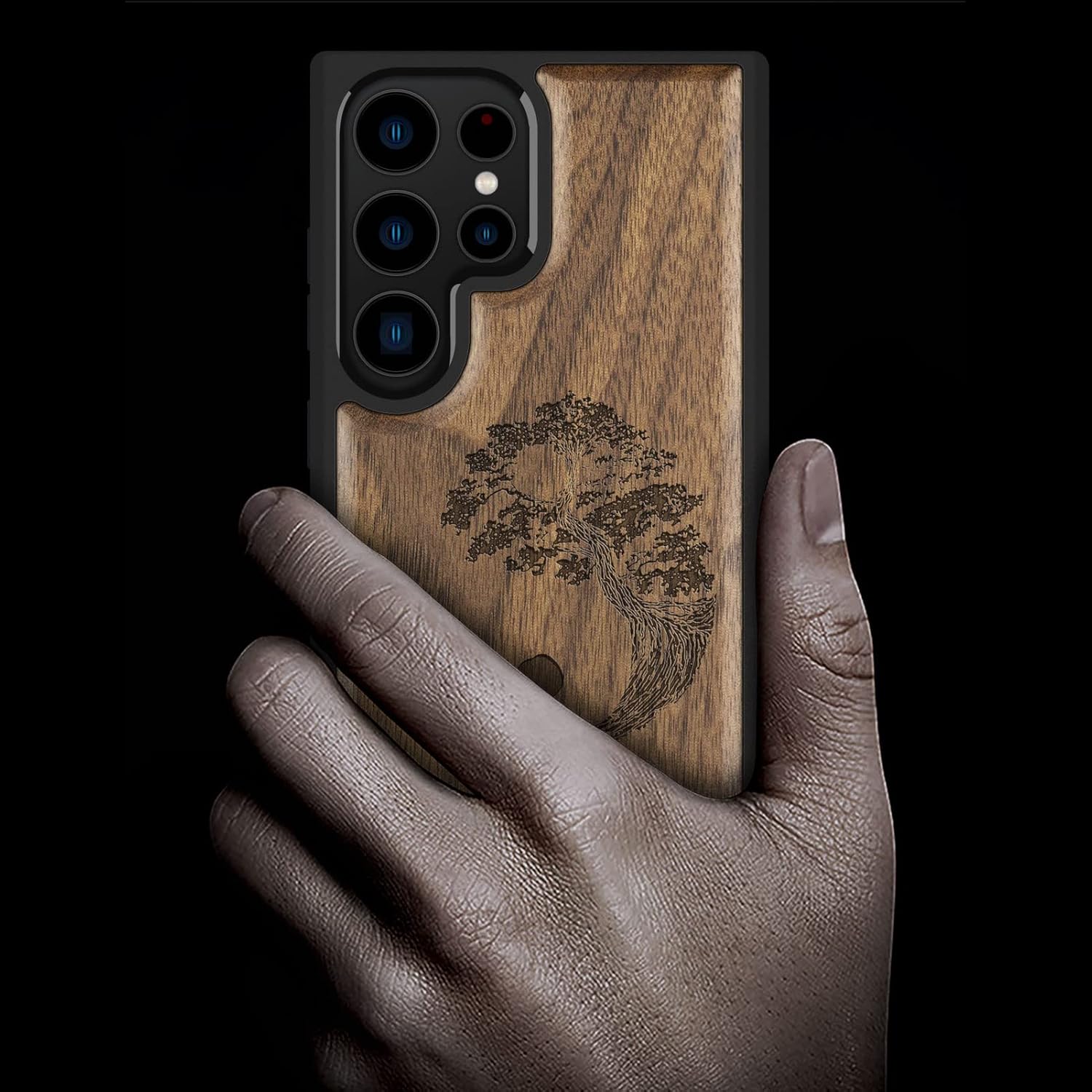 Carveit Wood Case for Galaxy S23 Ultra Case [Natural Wood & Black Soft TPU] Shockproof Protective Cover Unique & Classy Wooden Design Compatible with Samsung S23 Ultra (Bonsai Tree-Walnut)