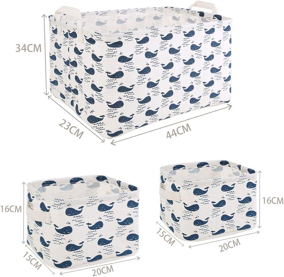 LessMo 3 Pack Square Storage Bins, Collapsible Sturdy Fabric Storage with Handles, Waterproof, Made of Cotton and Linen, for Shelf, Office, Toys, Nursery Home Closet (Whale)