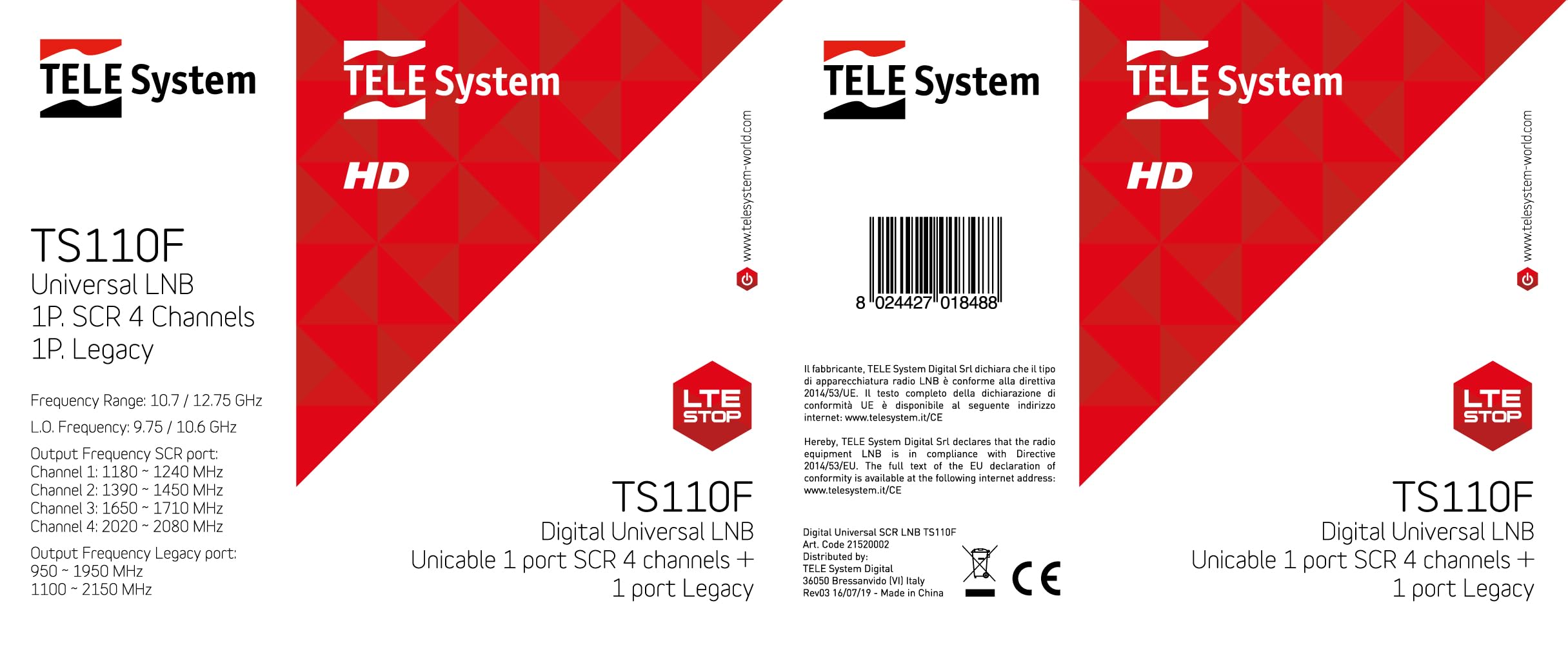 TELE System LNB universale SCR, convertitore 1 porta SCR 4 canali + 1 porta Legacy - LTE Stop - Low noise block-converter TS110F SCR. Protezione dalle intemperie