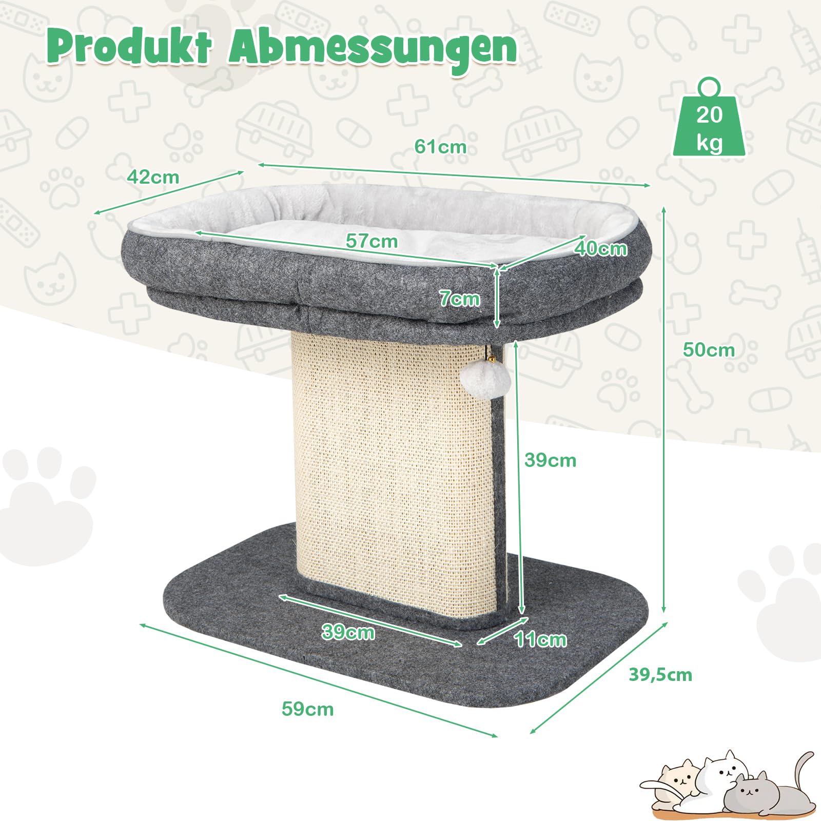 SOARS Tiragraffi piccolo, altezza 50 cm, tiragraffi per gatti con seduta in peluche e colonna in sisal e palla, albero da arrampicata in legno stabile, per gatti