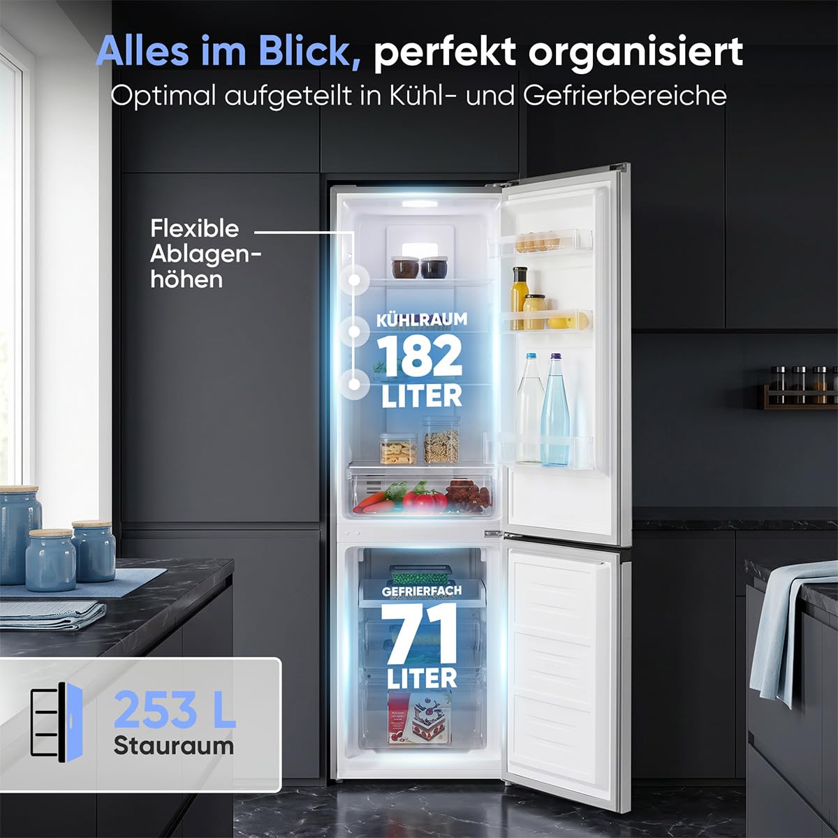 Bomann® Kühlschrank mit Gefrierfach | Energieklasse C | 181cm | NoFrost | 5 Jahre Kompressor-Garantie | Kühl Gefrierkombination No-Frost | Kühlgefrierkombination freistehend | KG 7370 silber