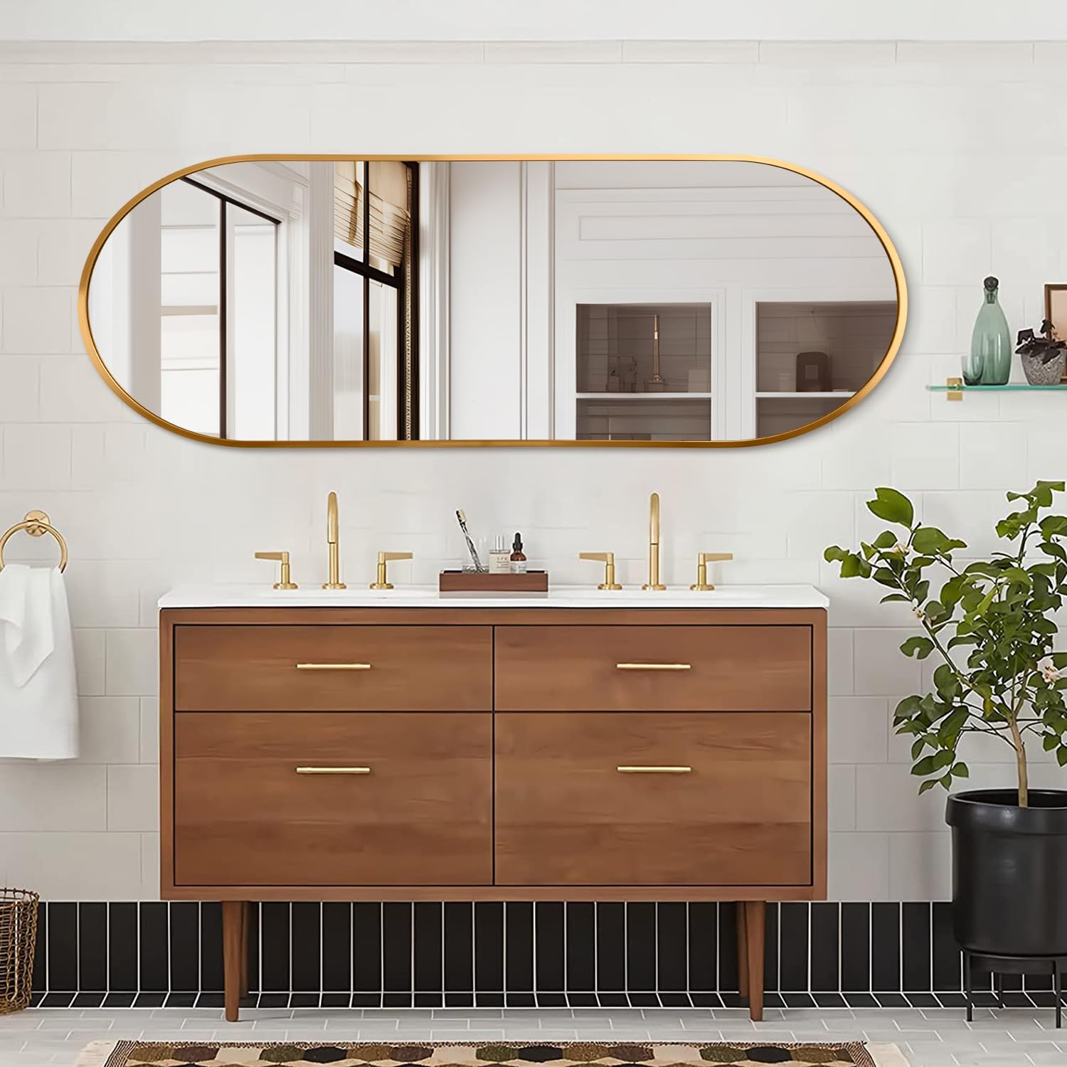 Espejo ovalado dorado de longitud completa, 120 x 40 cm, pared oblongo en forma de píldora, marco de aluminio y metal, decorativo para sala de estar, tocador