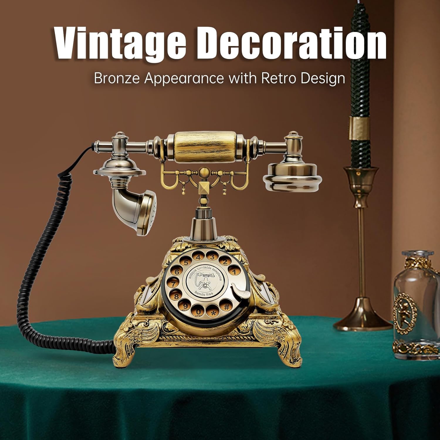 vintage rotary dial telephone – bronze resin corded landline with functional dial & noise-canceling audio, old-fashioned desk phone for home office, cafe, bar & hotel décor