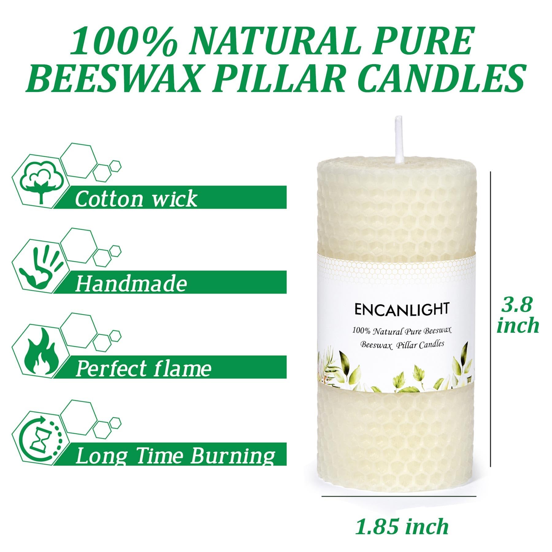 Velas de cera de abeja, 2 x 4 pulgadas, juego de 4 velas de cera de abeja blanca, sin perfume, sin humo y sin goteo, aproximadamente 9 horas de combustión para decoración del hogar, fiesta, Navidad,