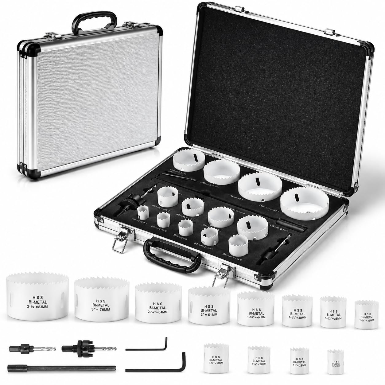 TLGREEN M42 - Juego de 18 sierras perforadoras bimetálicas (19 mm de diámetro, 83 mm de diámetro, incluye broca de centrado y soporte, sierra perforadora ideal para tablas de madera, PVC, placa de