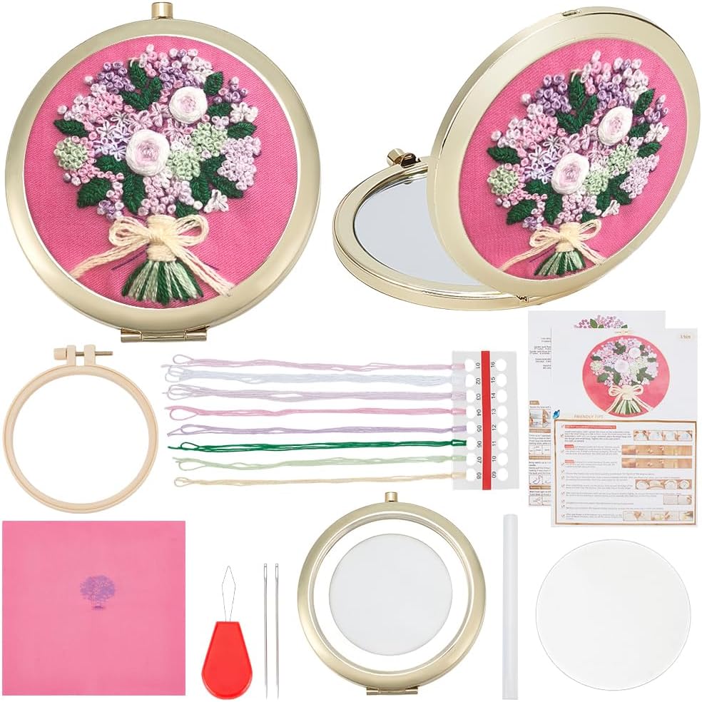 WEBEEDY DIY Foldable Mirror Set Mini Bouquet Makeup Mirror Needlework for Beginners,Hand Sewing Cross Stitch Kit with Stamped Pattern Cloth Embroidery Hoop Thread,Women Mirrors Crafts Gift