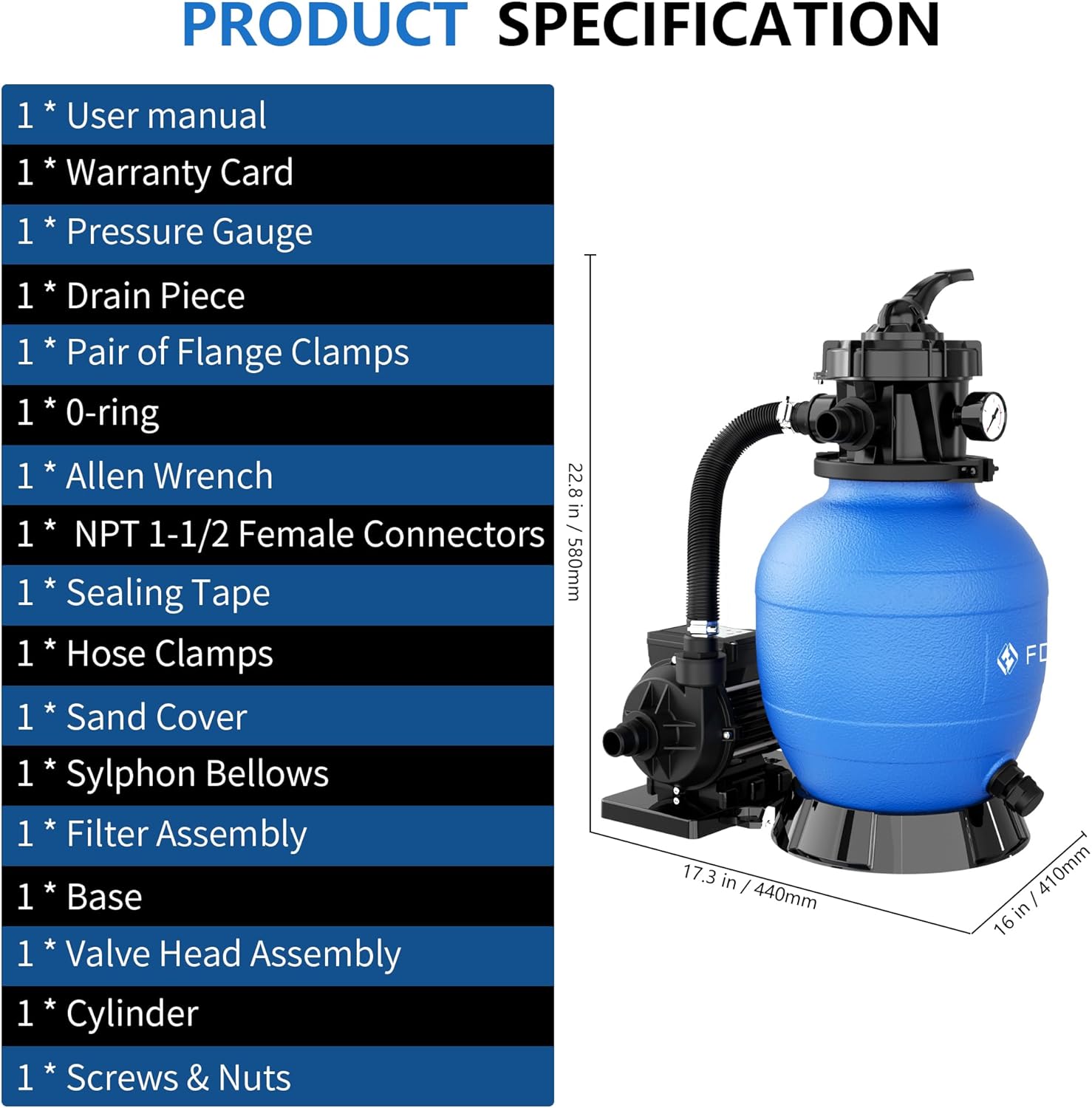 Diagram showing all included components and dimensions of the FOTING sand filter pump