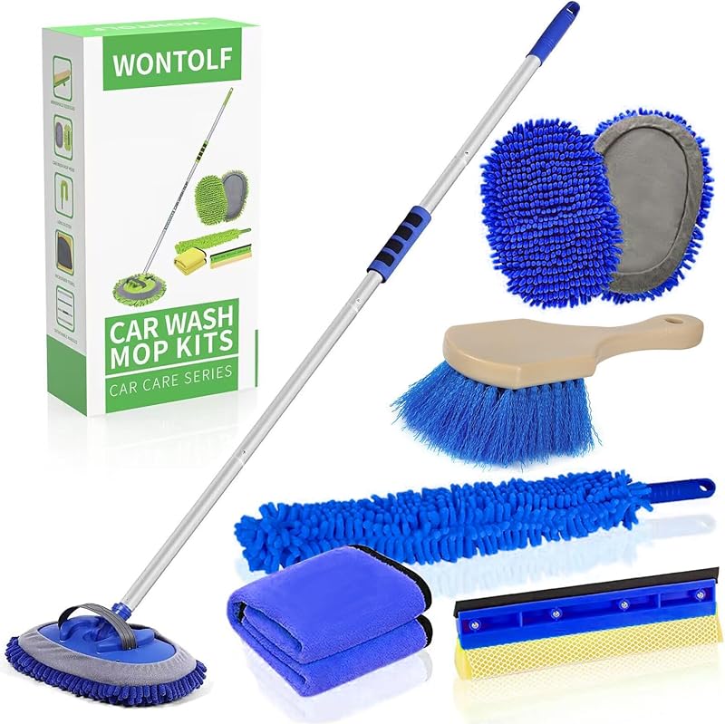62'' Car Wash Brush With Long Handle - Chenille Microfiber Mop Mitt, Cleaning Kit, Windshield Window Squeegee, Duster, Microfiber Towels, Wheel Tire Brush for Cars, RV, Truck, Boat